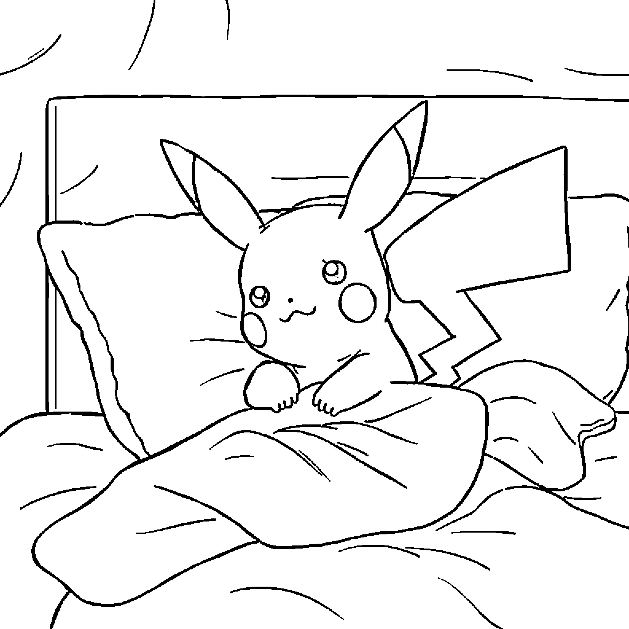Pikachu resting comfortably in bed Coloring Page (free black-and-white line drawing printable PDF for all, from beginners to advanced learners, including children, teens, adults, and seniors)