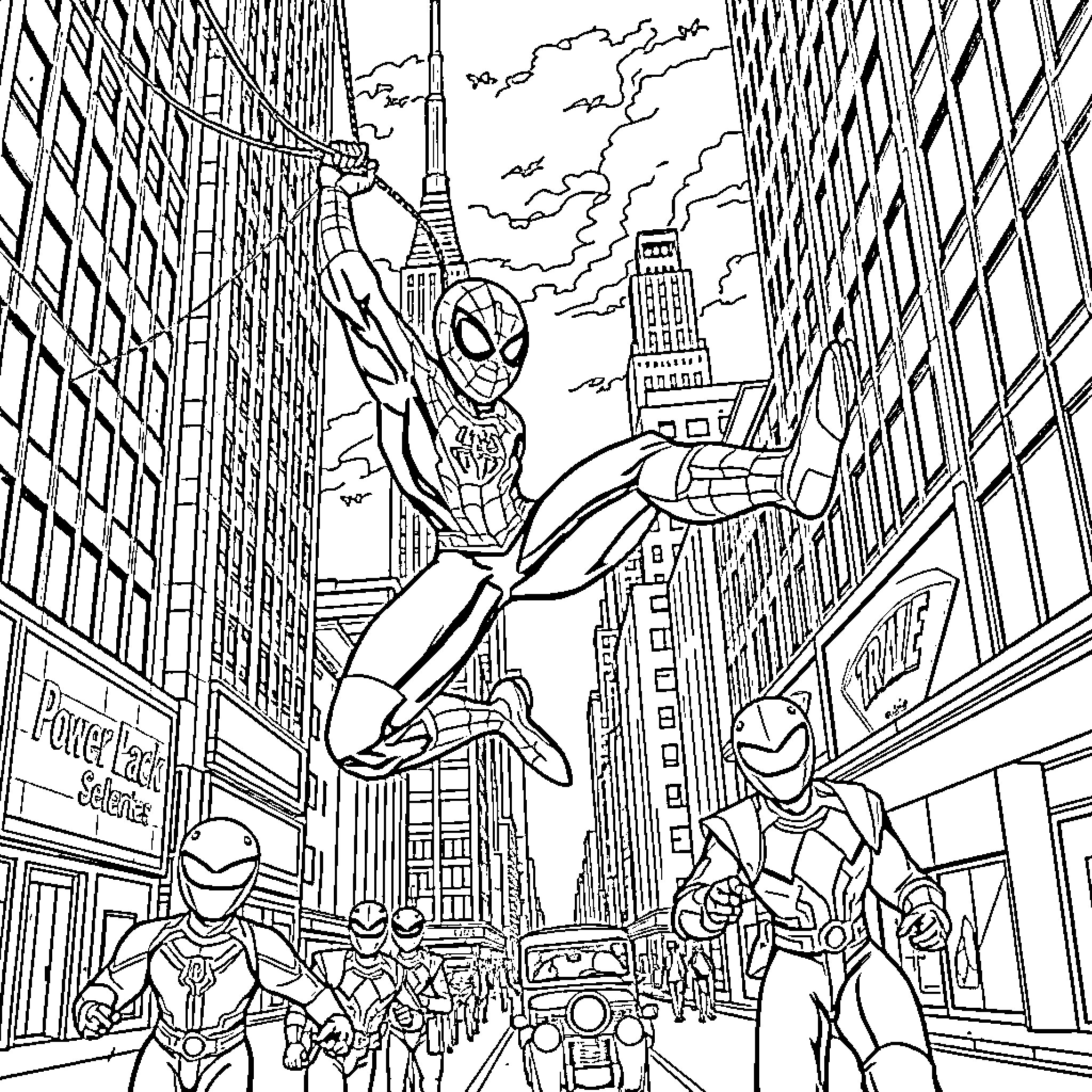 Spider-Man swinging through the city streets Coloring Page (free black-and-white line drawing printable PDF for all, from beginners to advanced learners, including children, teens, adults, and seniors)