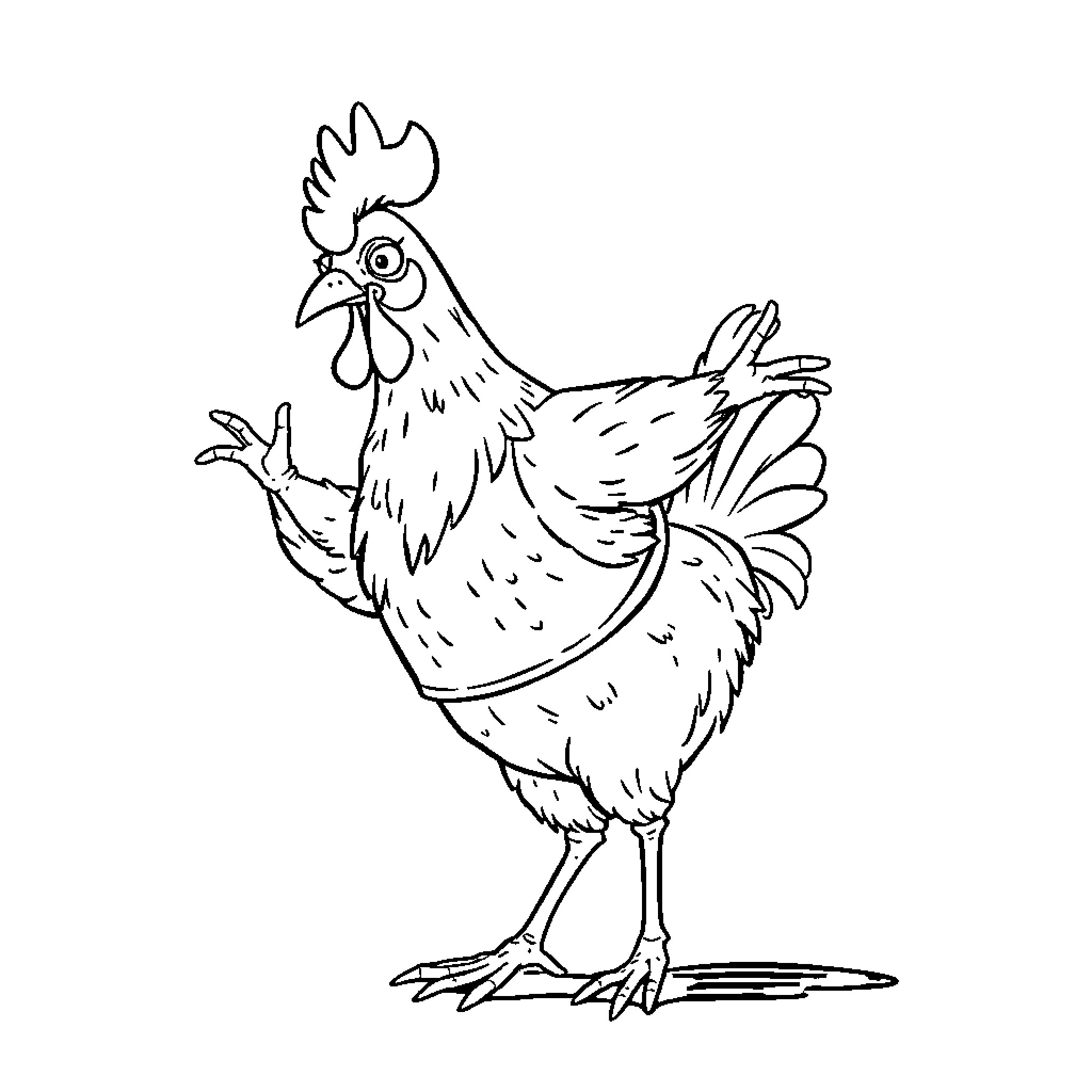 Chicken standing with expressive posture Coloring Page (free black-and-white line drawing printable PDF for all, from beginners to advanced learners, including children, teens, adults, and seniors)