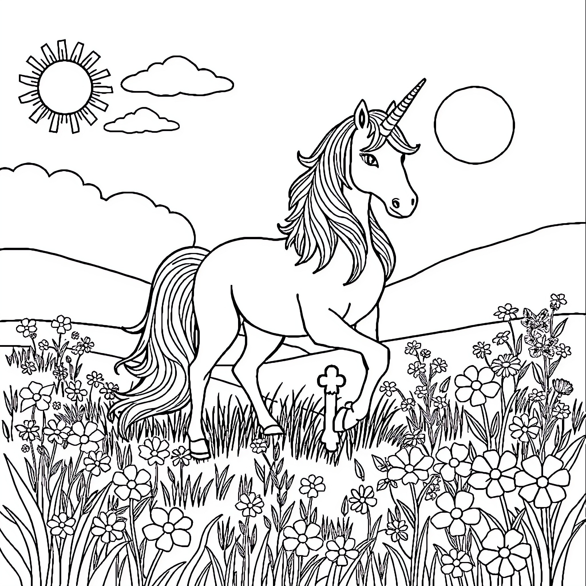 Unicorn wandering through a flowery meadow Coloring Page (free black-and-white line drawing printable PDF for all, from beginners to advanced learners, including children, teens, adults, and seniors)