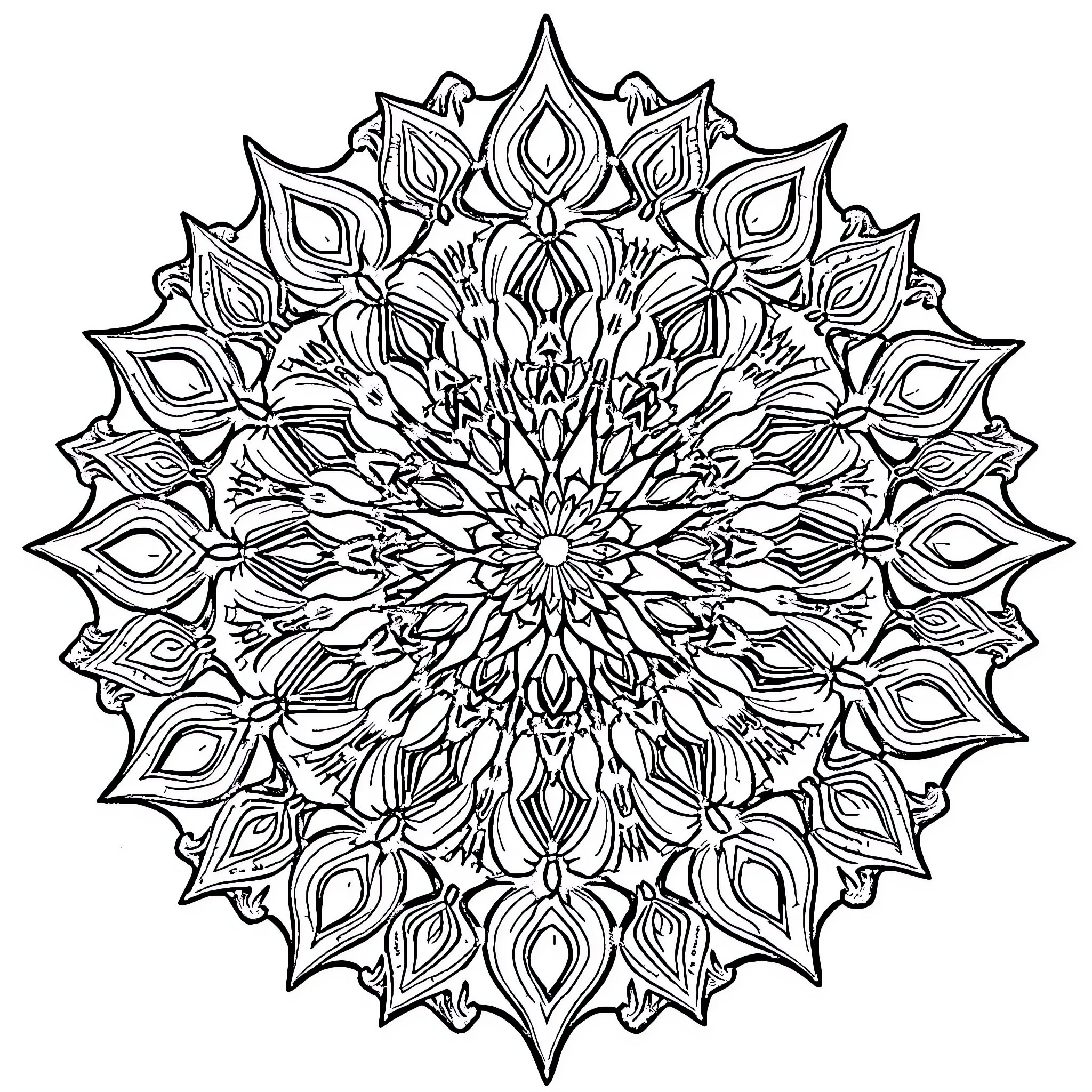 Flame-like Mandala Design with Intricate Patterns Coloring Page (free black-and-white line drawing printable PDF for all, from beginners to advanced learners, including children, teens, adults, and seniors)