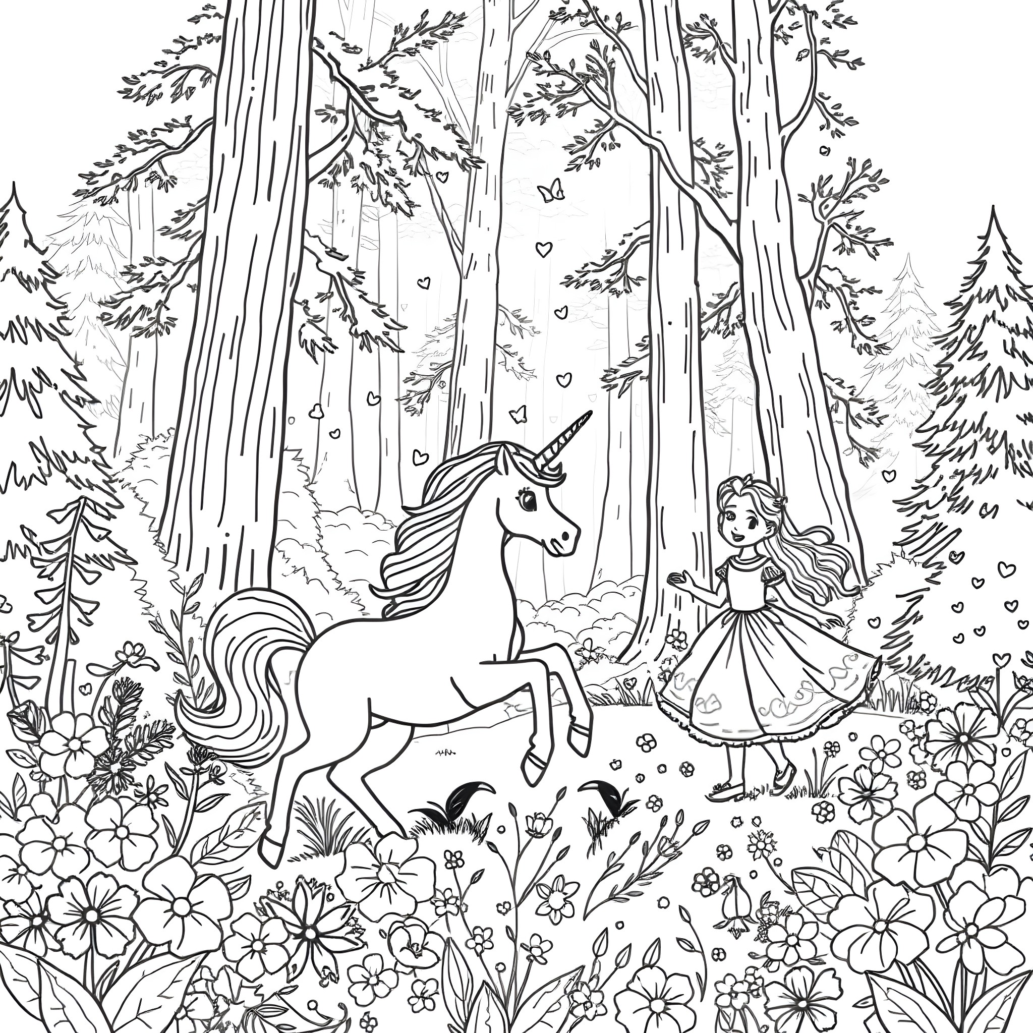 Unicorn and Girl in Enchanted Forest Coloring Page (free black-and-white line drawing printable PDF for all, from beginners to advanced learners, including children, teens, adults, and seniors)