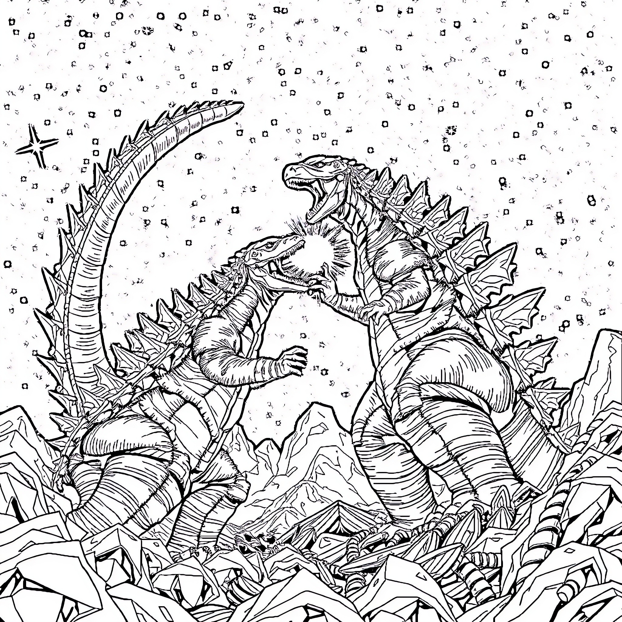 Godzilla Stomping Through a Snowy Landscape Coloring Page (free black-and-white line drawing printable PDF for all, from beginners to advanced learners, including children, teens, adults, and seniors)