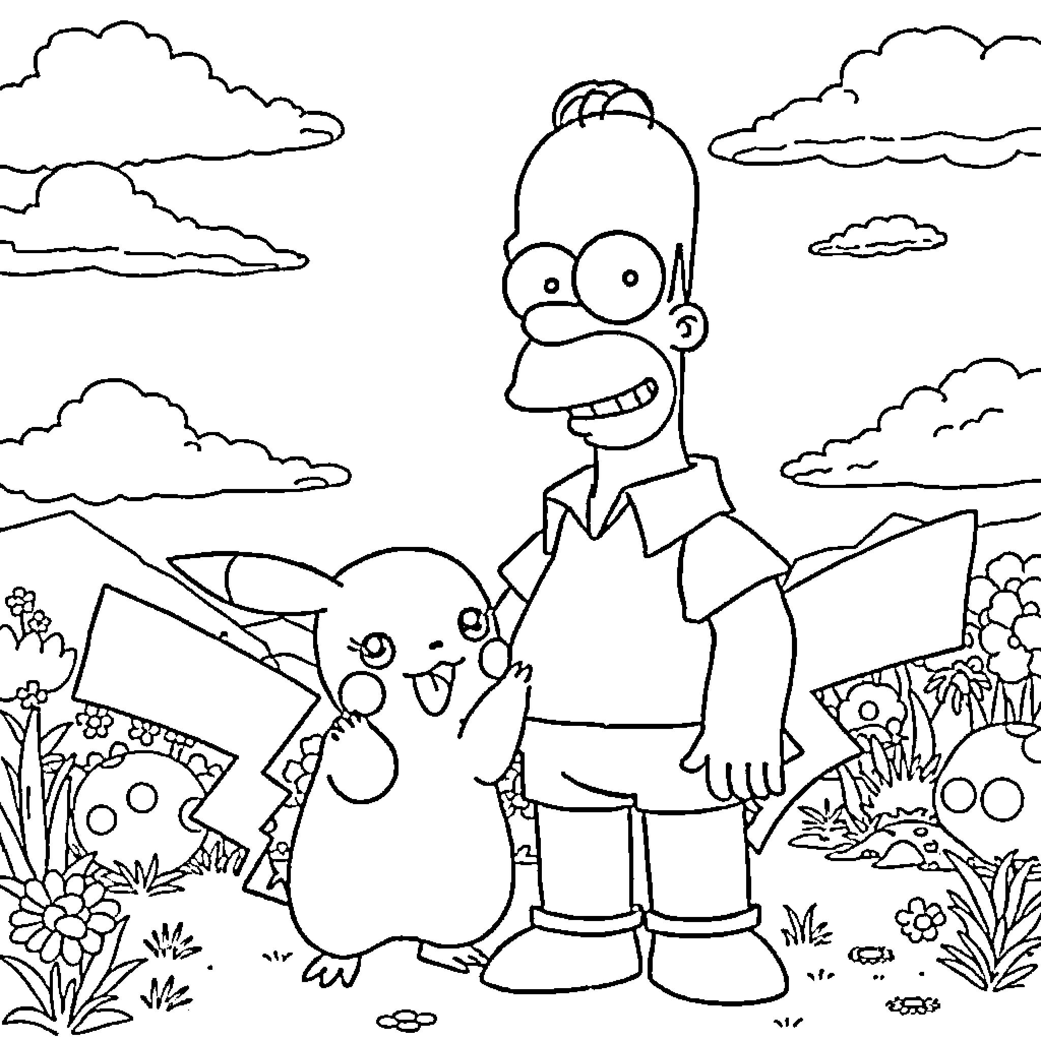 Homer Simpson's Outdoor Adventure with Pikachu Coloring Page (free black-and-white line drawing printable PDF for all, from beginners to advanced learners, including children, teens, adults, and seniors)