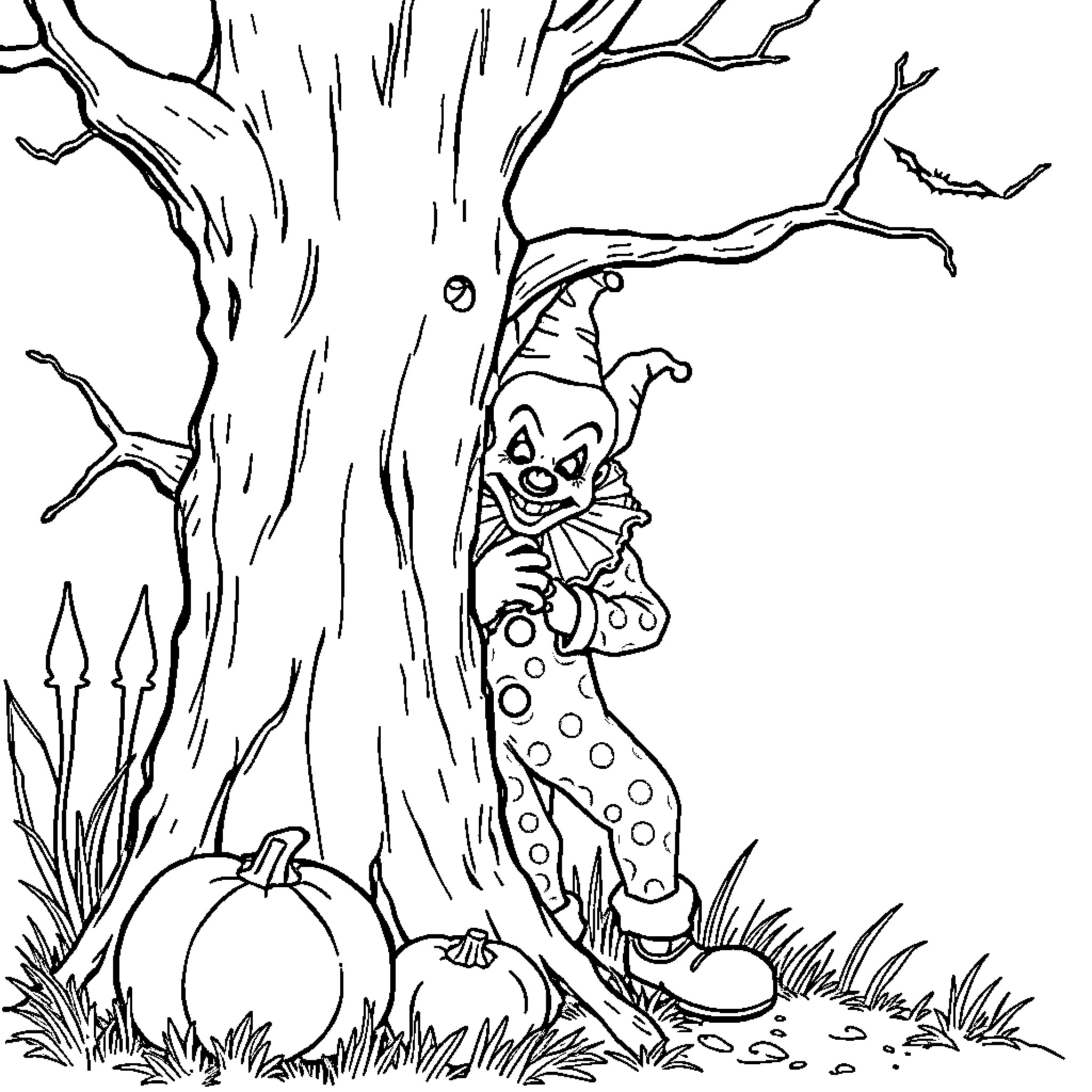 Clown peeking from behind a tree Coloring Page (free black-and-white line drawing printable PDF for all, from beginners to advanced learners, including children, teens, adults, and seniors)
