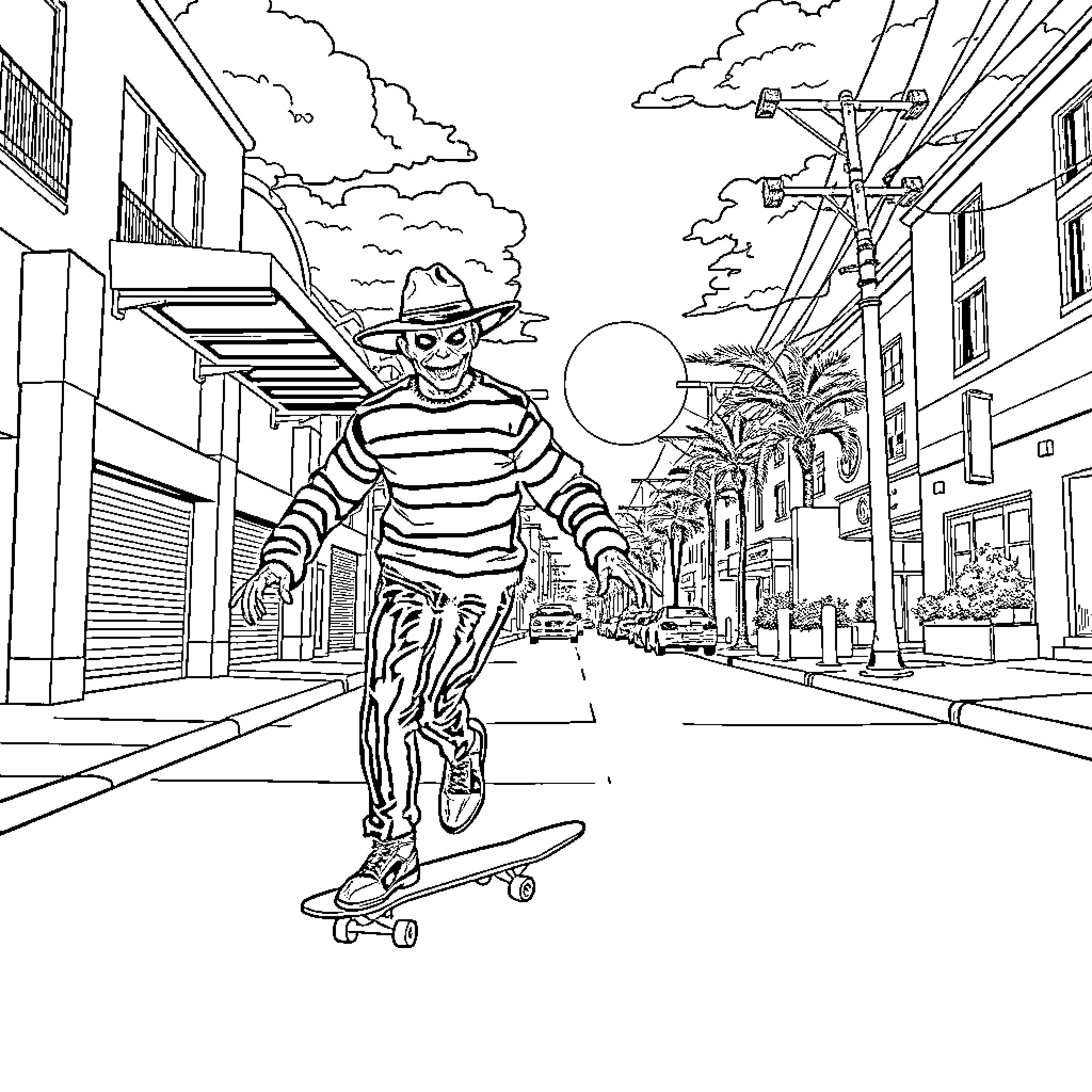 Freddy Krueger skateboarding through the city streets Coloring Page (free black-and-white line drawing printable PDF for all, from beginners to advanced learners, including children, teens, adults, and seniors)