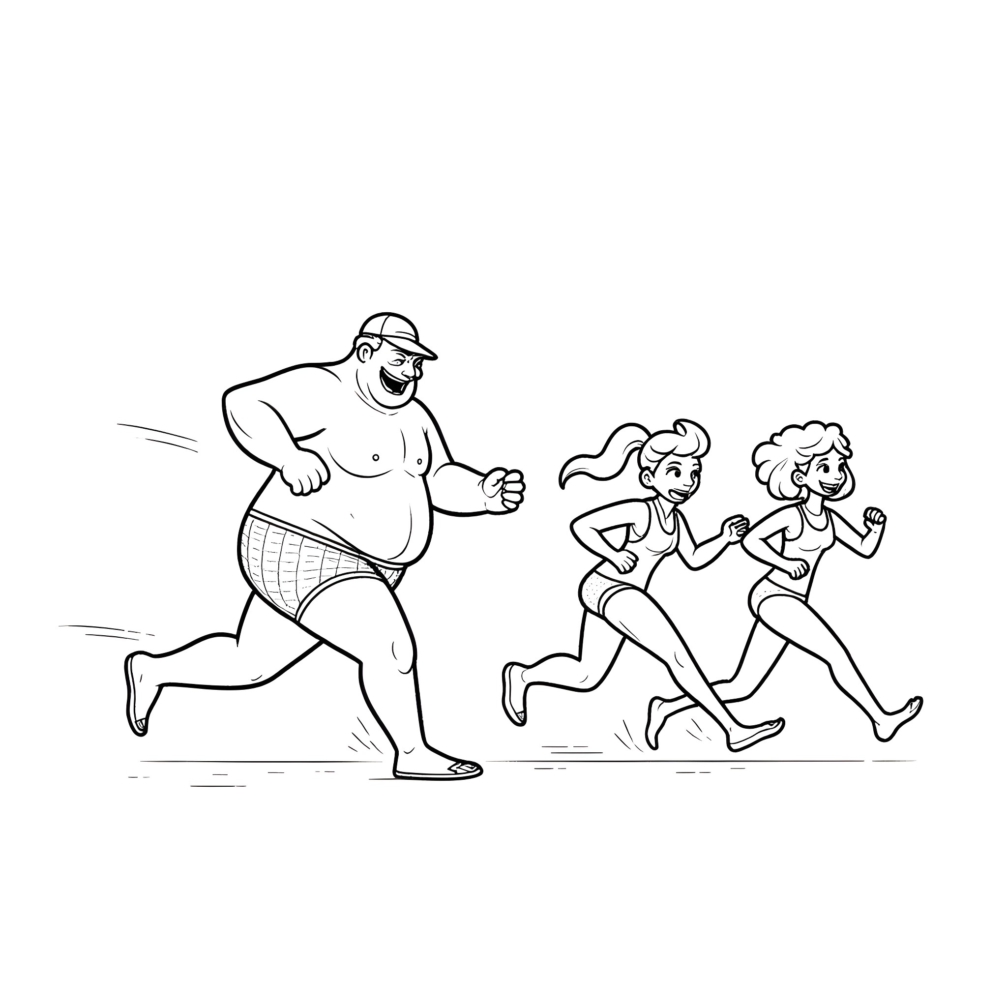 Fatman chasing fit people in a humorous scene Coloring Page (free black-and-white line drawing printable PDF for all, from beginners to advanced learners, including children, teens, adults, and seniors)
