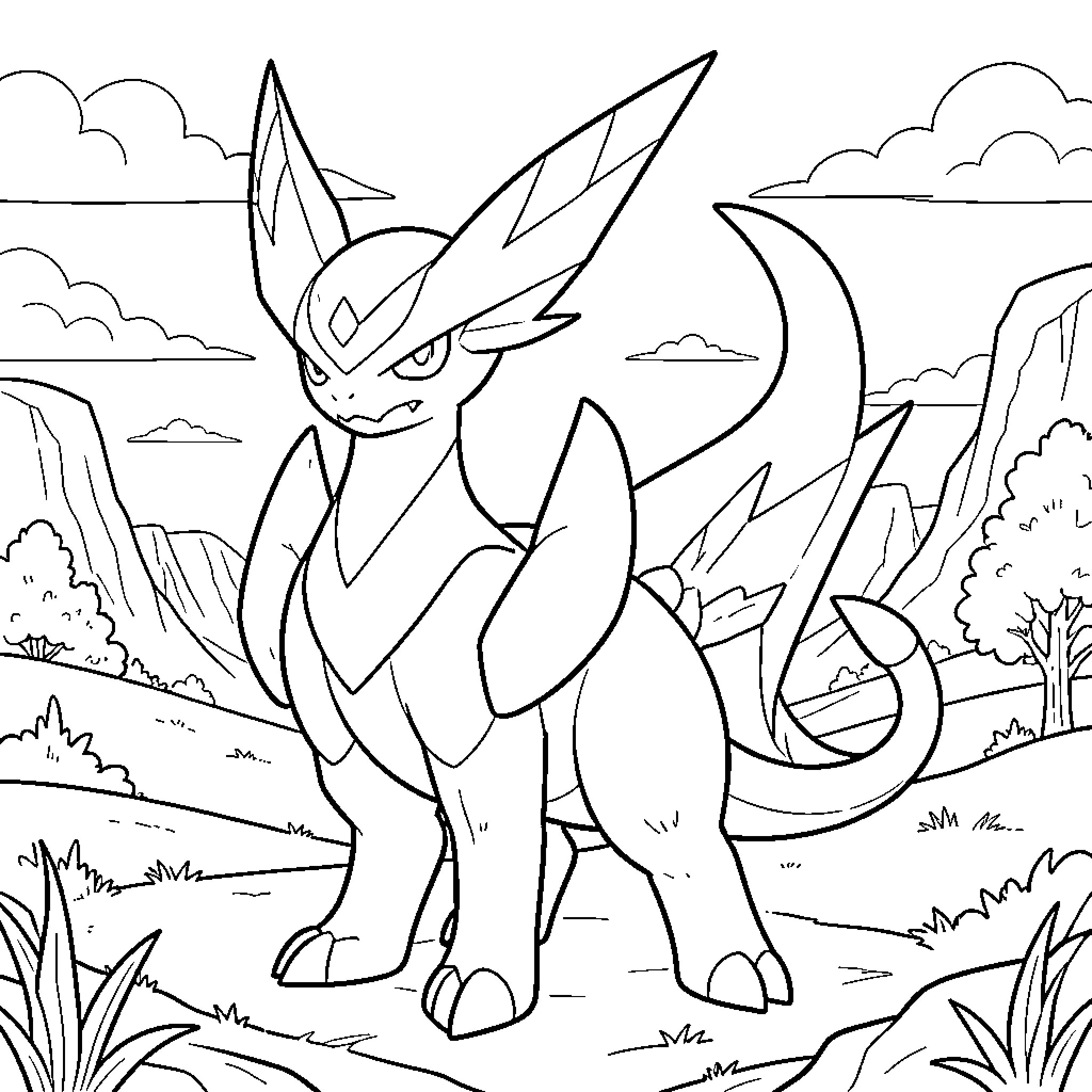 Palkia standing majestically in a vast mountain landscape Coloring Page (free black-and-white line drawing printable PDF for all, from beginners to advanced learners, including children, teens, adults, and seniors)