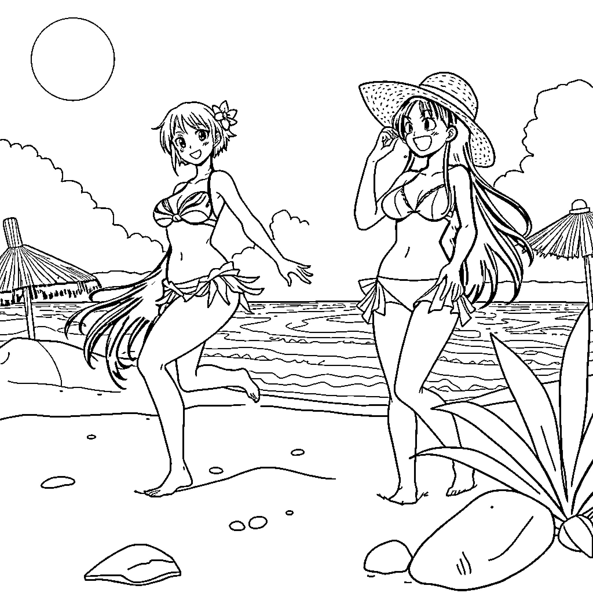 Anime Girls Frolicking on the Beach Coloring Page (free black-and-white line drawing printable PDF for all, from beginners to advanced learners, including children, teens, adults, and seniors)