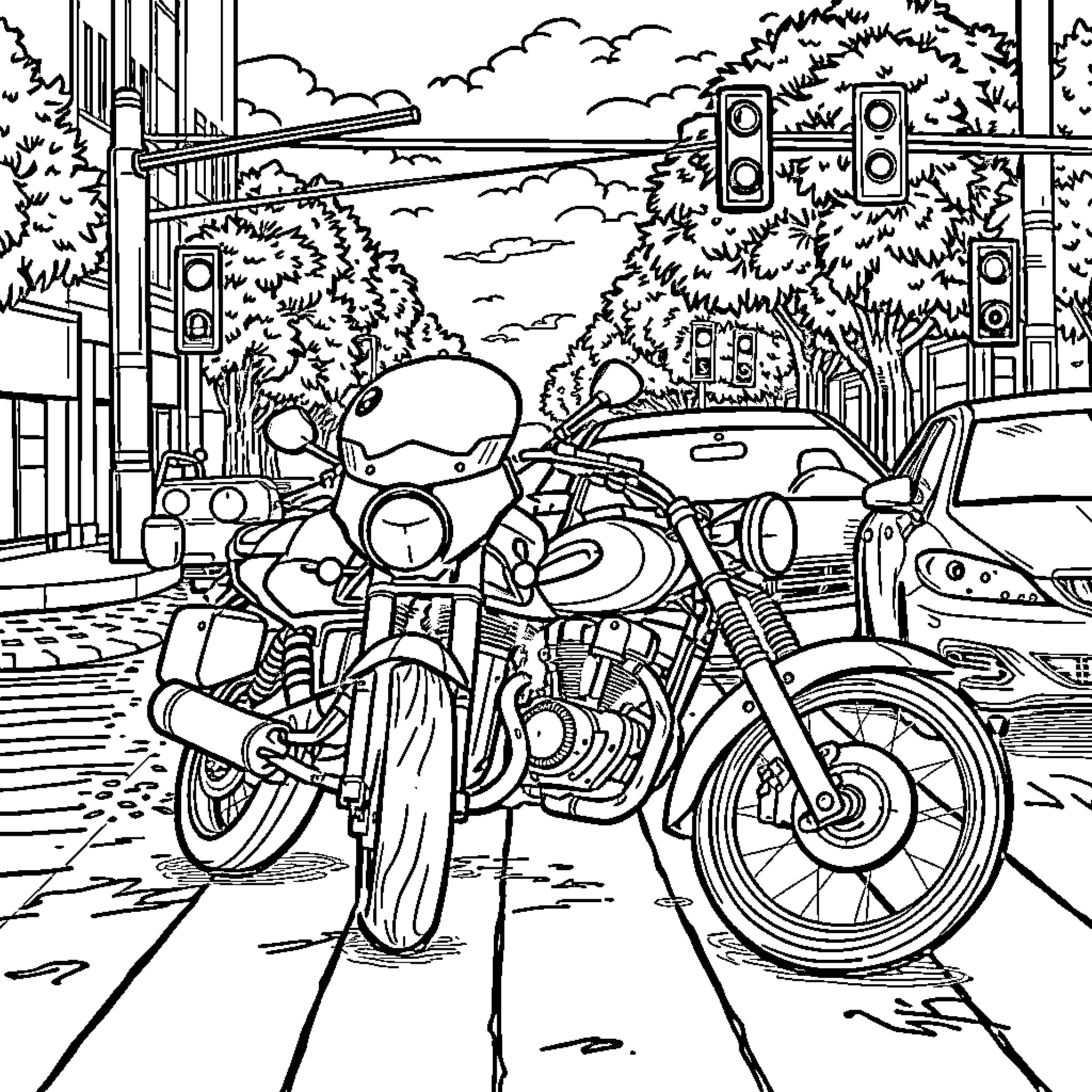 Crossmotor bikes on city street Coloring Page (free black-and-white line drawing printable PDF for all, from beginners to advanced learners, including children, teens, adults, and seniors)
