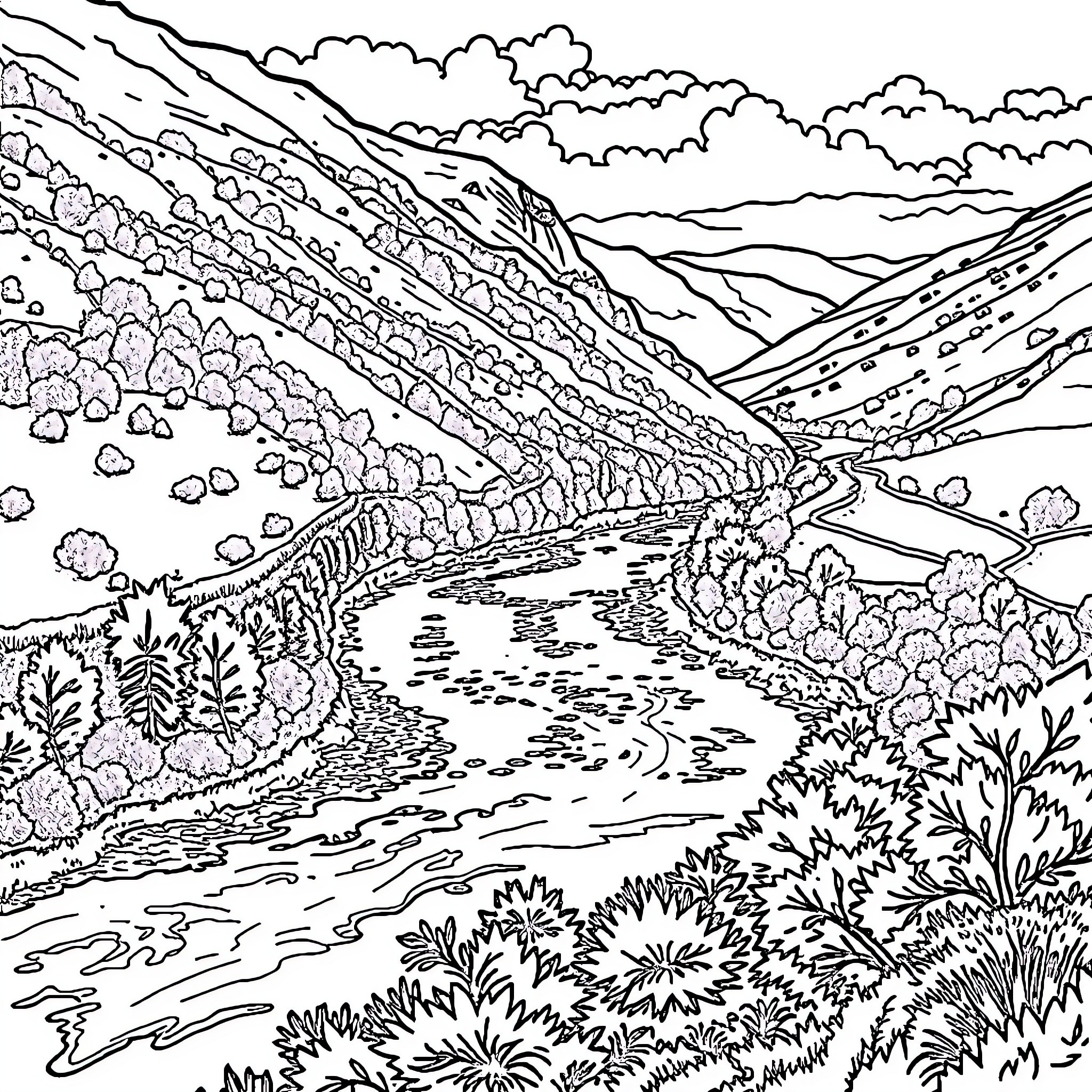 Duero River Valley Landscape Coloring Page (free black-and-white line drawing printable PDF for all, from beginners to advanced learners, including children, teens, adults, and seniors)