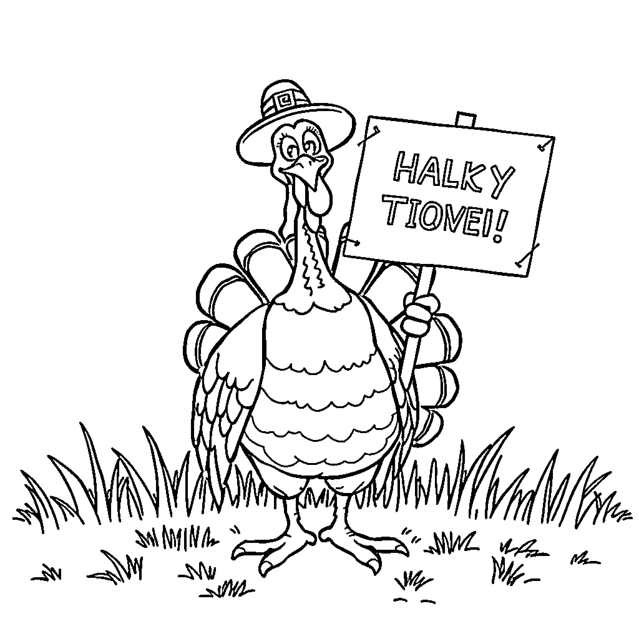 Turkey holding a 'Halky tione!' sign Coloring Page (free black-and-white line drawing printable PDF for all, from beginners to advanced learners, including children, teens, adults, and seniors)
