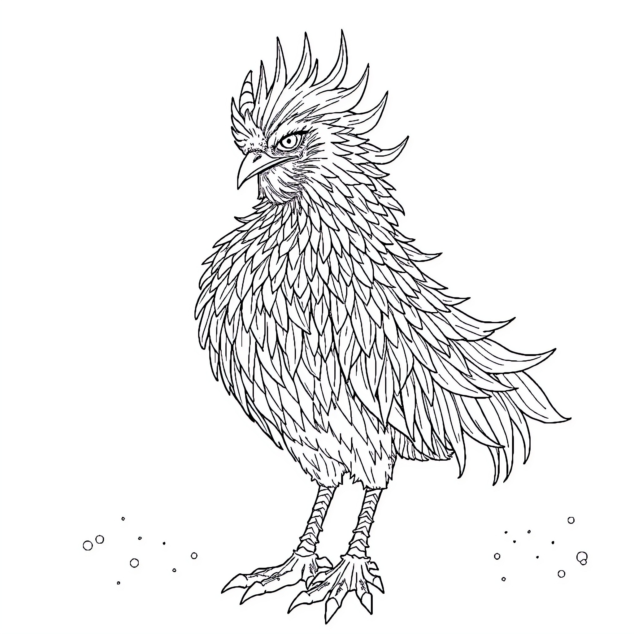 Gallito with Detailed Feathers and Fierce Expression Coloring Page (free black-and-white line drawing printable PDF for all, from beginners to advanced learners, including children, teens, adults, and seniors)