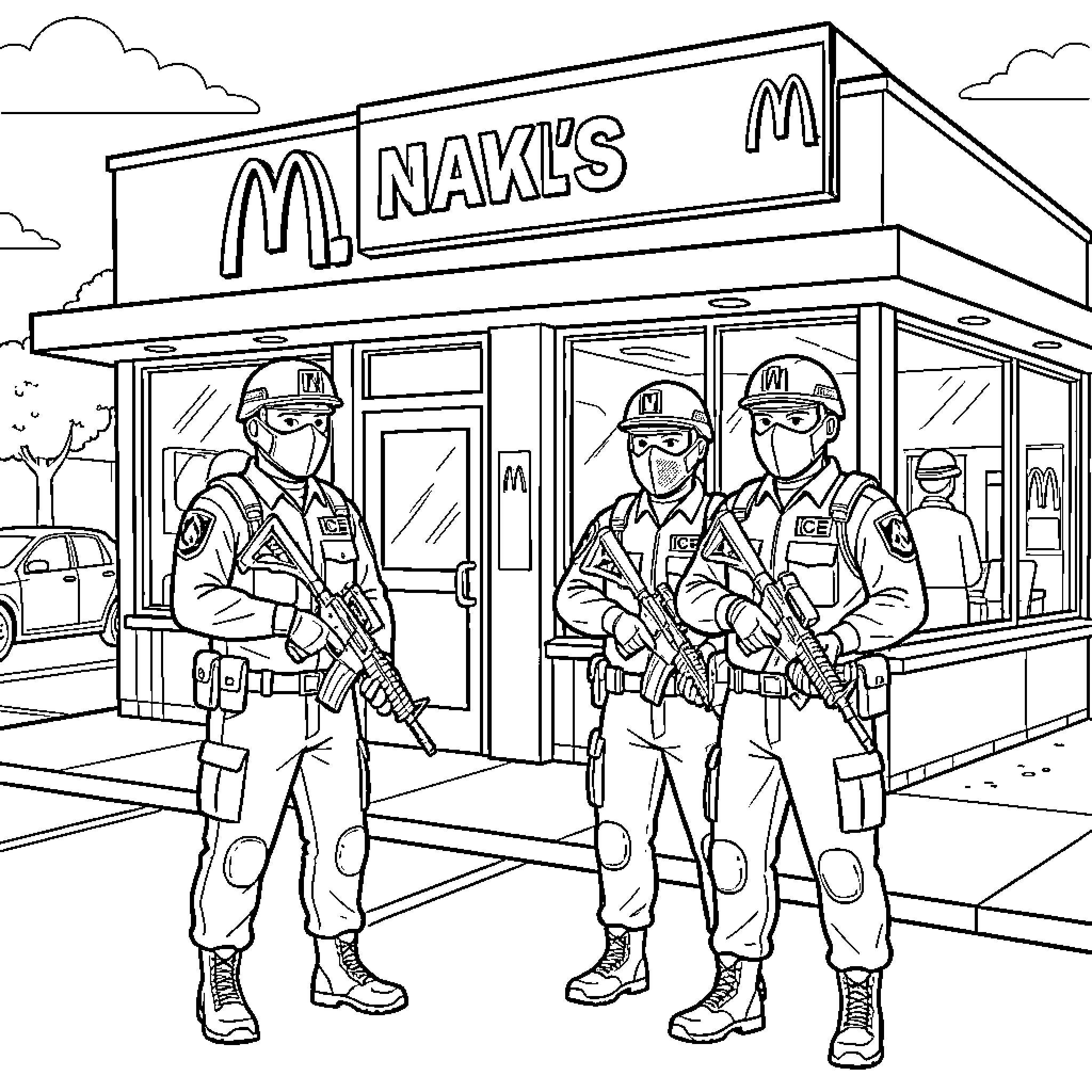 Ice Agent SWAT team at fast food restaurant Coloring Page (free black-and-white line drawing printable PDF for all, from beginners to advanced learners, including children, teens, adults, and seniors)