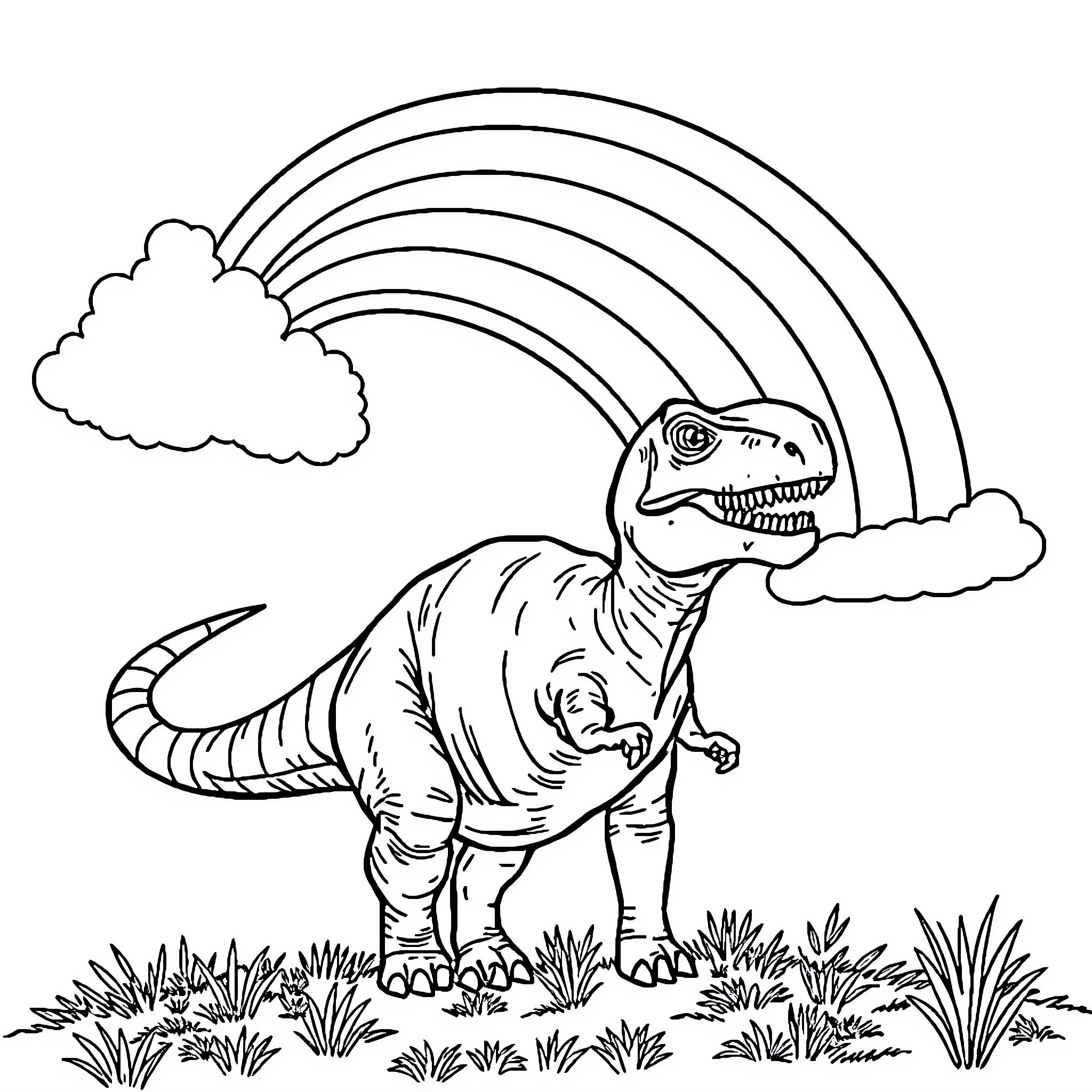 Dinosaur standing in a grassy landscape with a rainbow Coloring Page (free black-and-white line drawing printable PDF for all, from beginners to advanced learners, including children, teens, adults, and seniors)