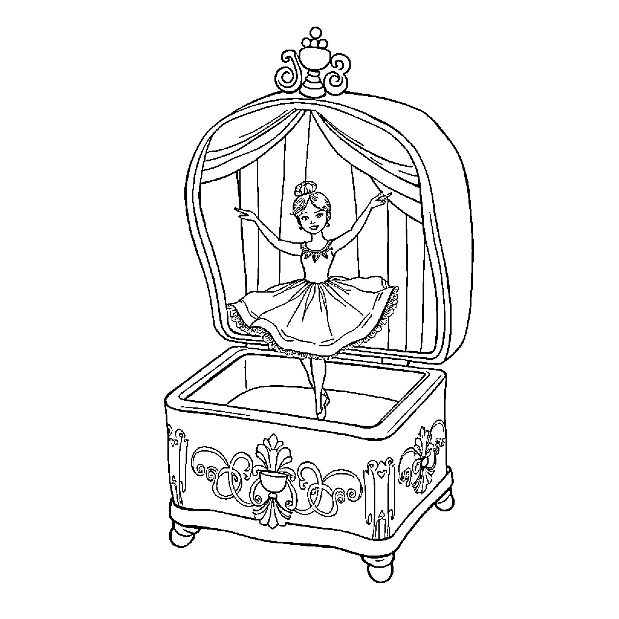 Ballerina performing inside an ornate music box Coloring Page (free black-and-white line drawing printable PDF for all, from beginners to advanced learners, including children, teens, adults, and seniors)