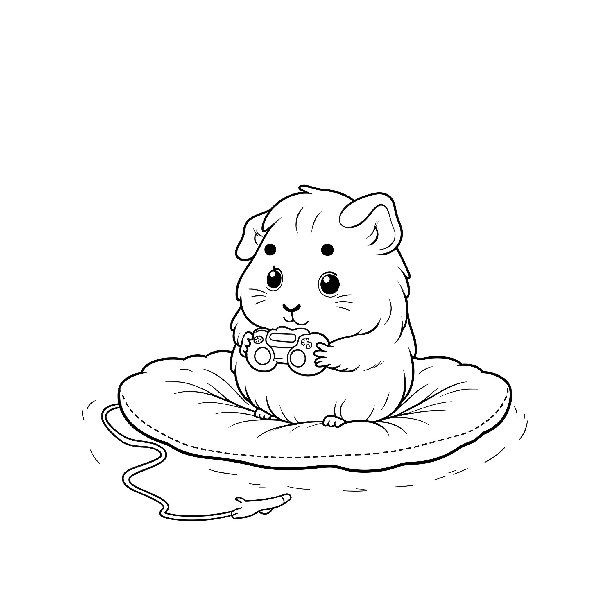 Guinea Pig playing with a video game controller Coloring Page (free black-and-white line drawing printable PDF for all, from beginners to advanced learners, including children, teens, adults, and seniors)