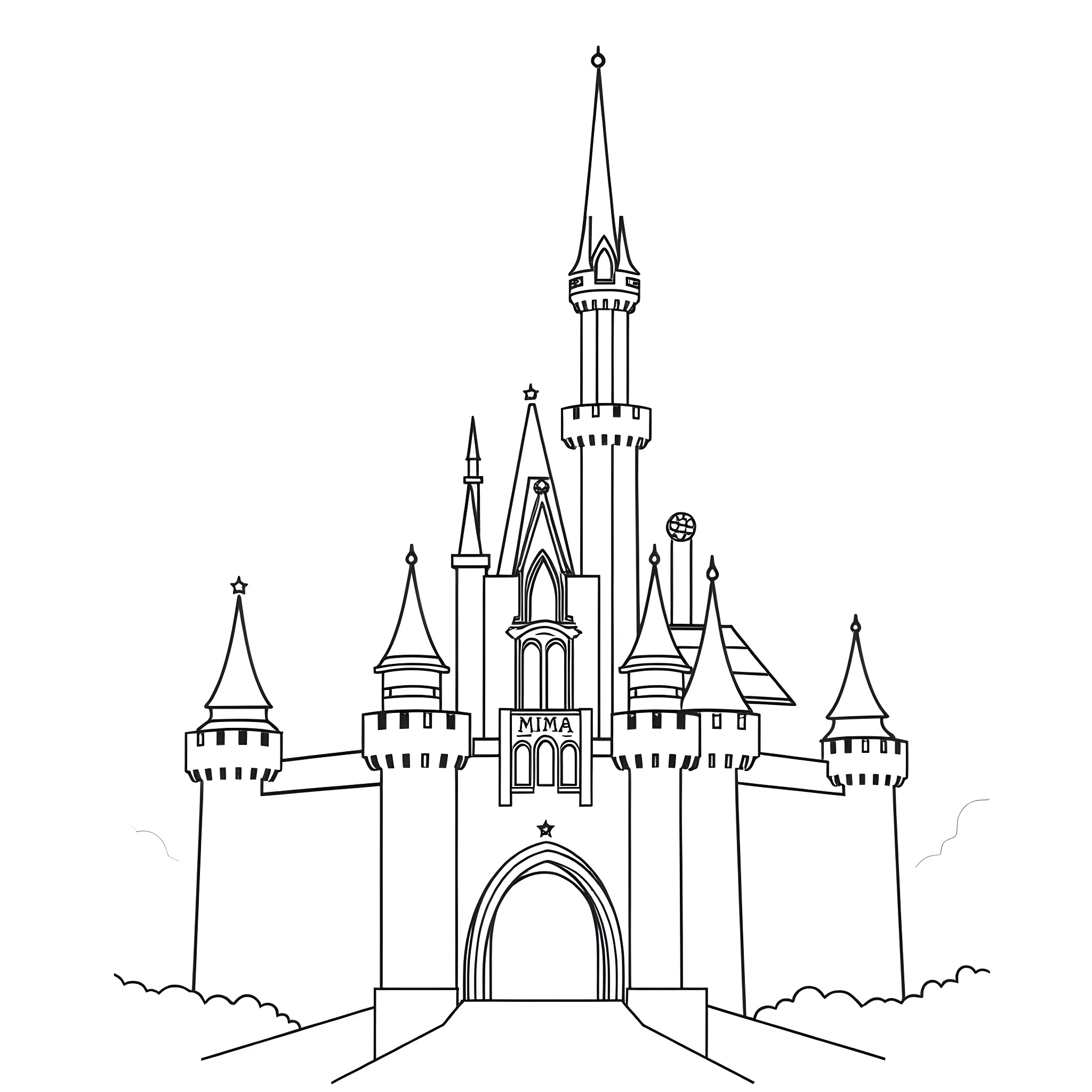 Luna Mia's Fantastical Castle Coloring Page (free black-and-white line drawing printable PDF for all, from beginners to advanced learners, including children, teens, adults, and seniors)