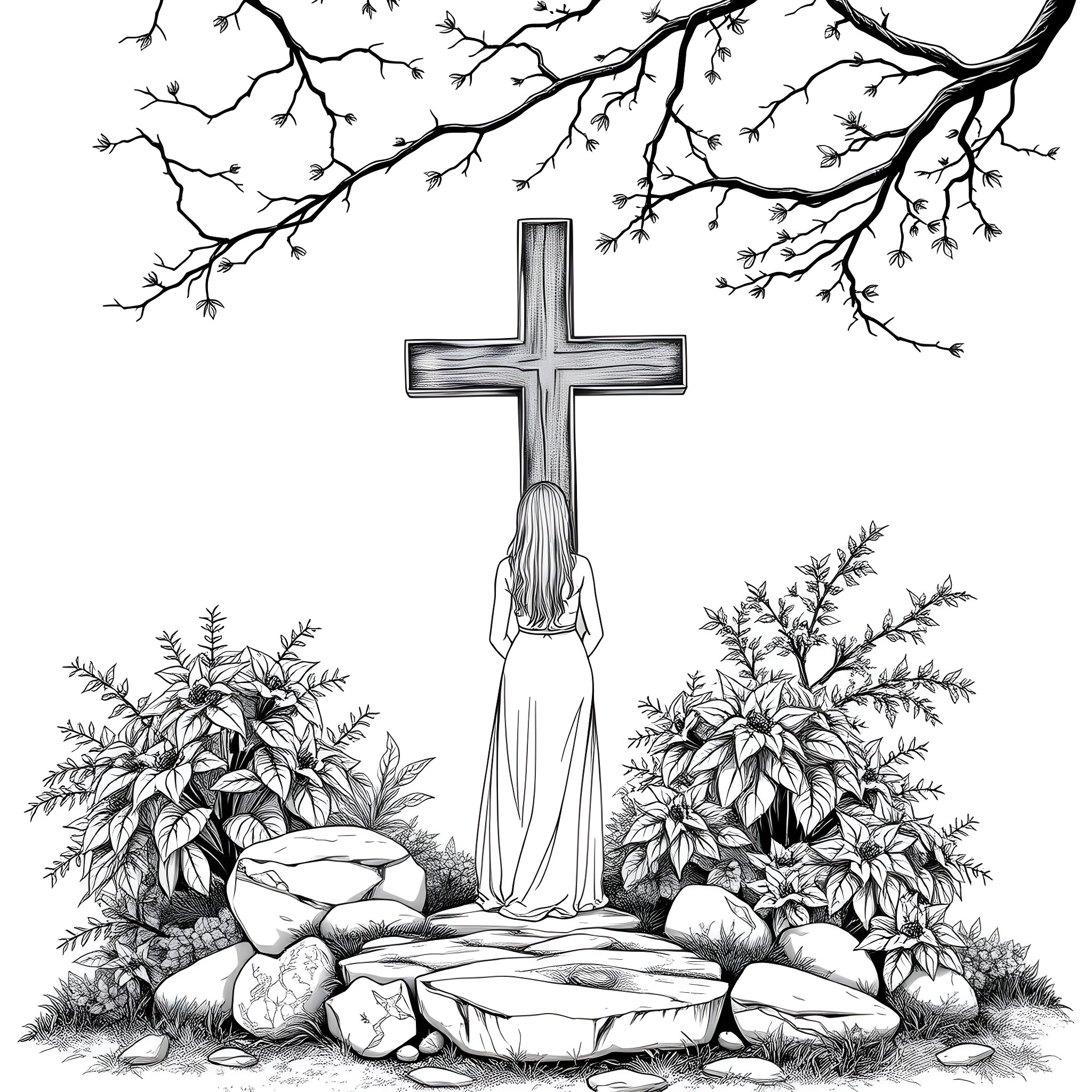 Woman praying at the cross in nature Coloring Page (free black-and-white line drawing printable PDF for all, from beginners to advanced learners, including children, teens, adults, and seniors)