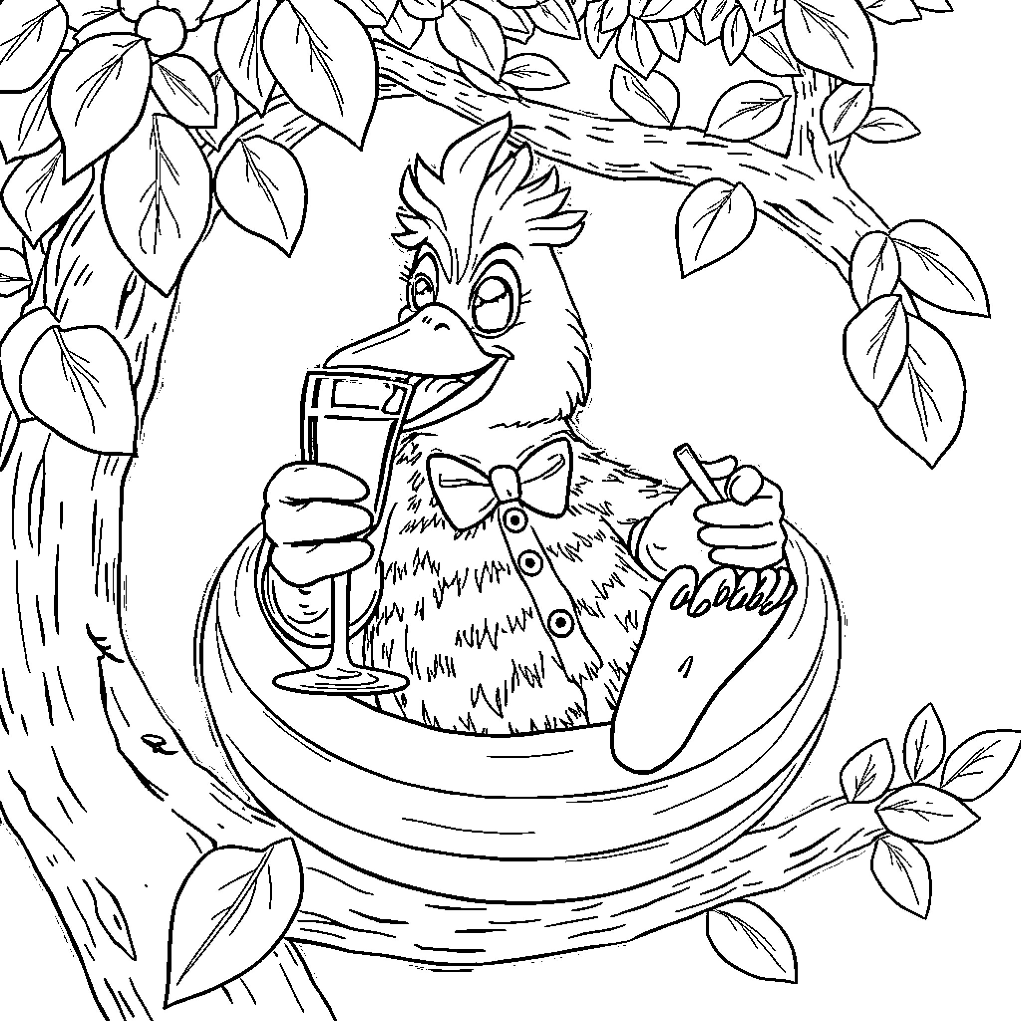 Pato enjoying a drink in the forest Coloring Page (free black-and-white line drawing printable PDF for all, from beginners to advanced learners, including children, teens, adults, and seniors)