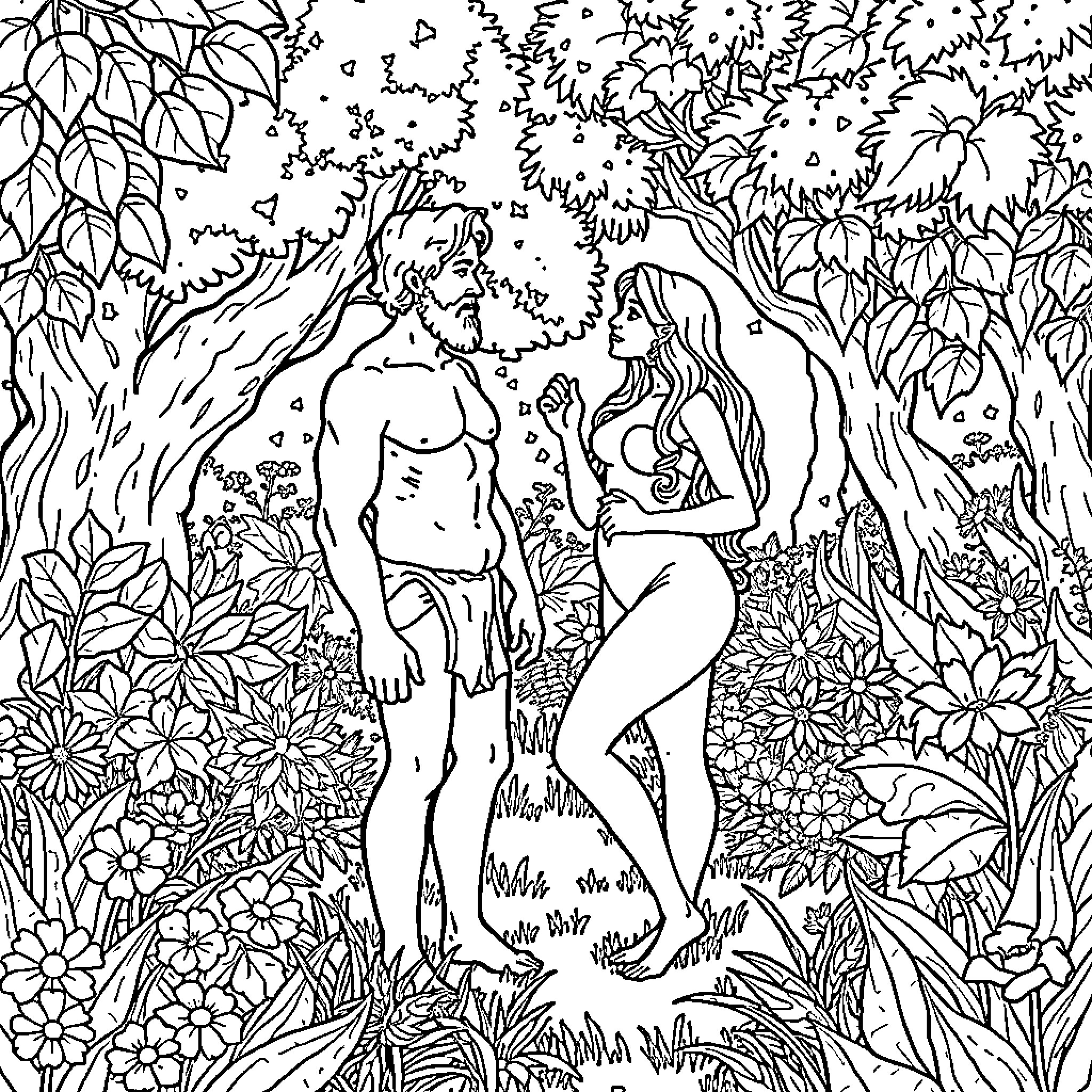 Adam and Eve in the Garden of Eden Coloring Page (free black-and-white line drawing printable PDF for all, from beginners to advanced learners, including children, teens, adults, and seniors)