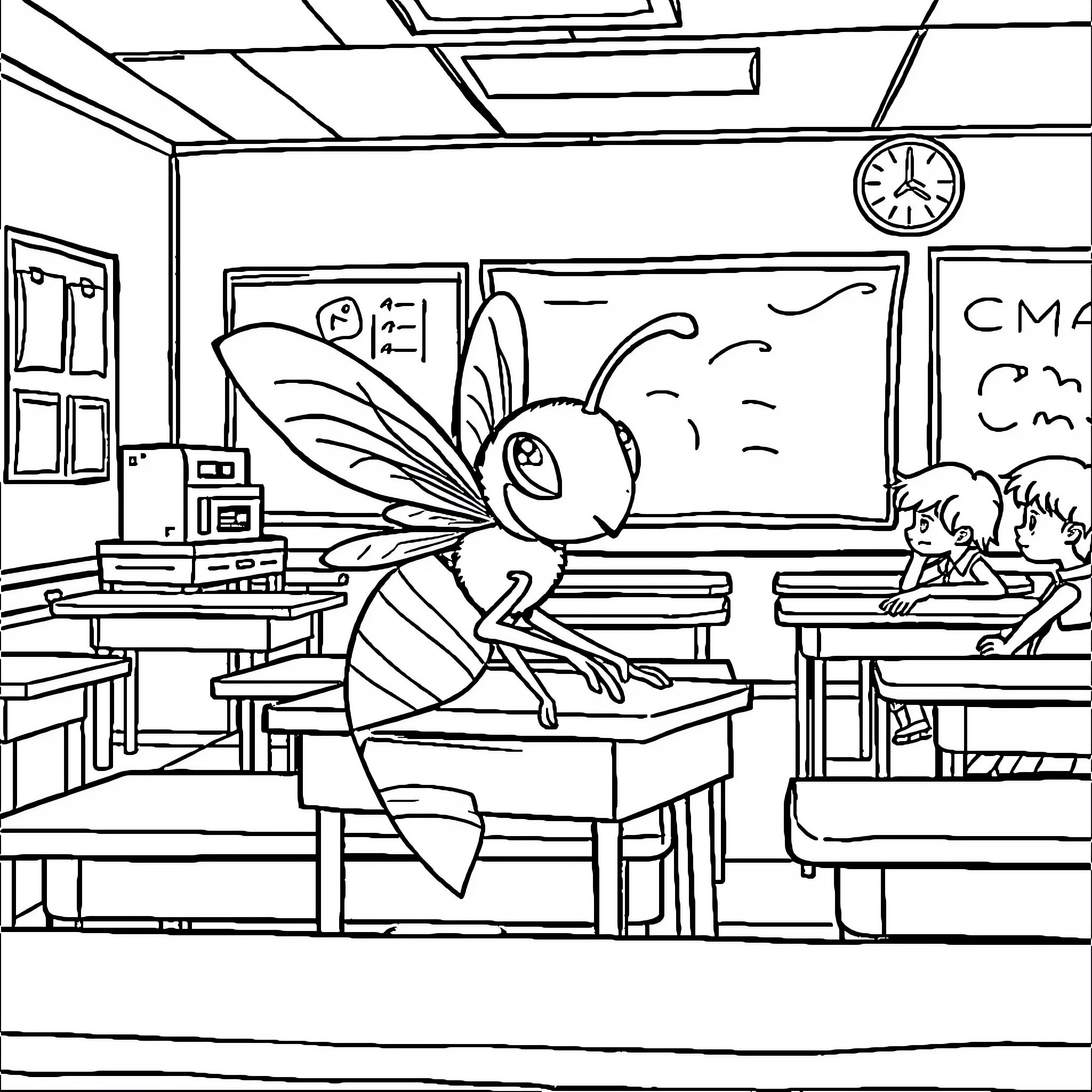 Wasp teaching a classroom of students Coloring Page (free black-and-white line drawing printable PDF for all, from beginners to advanced learners, including children, teens, adults, and seniors)