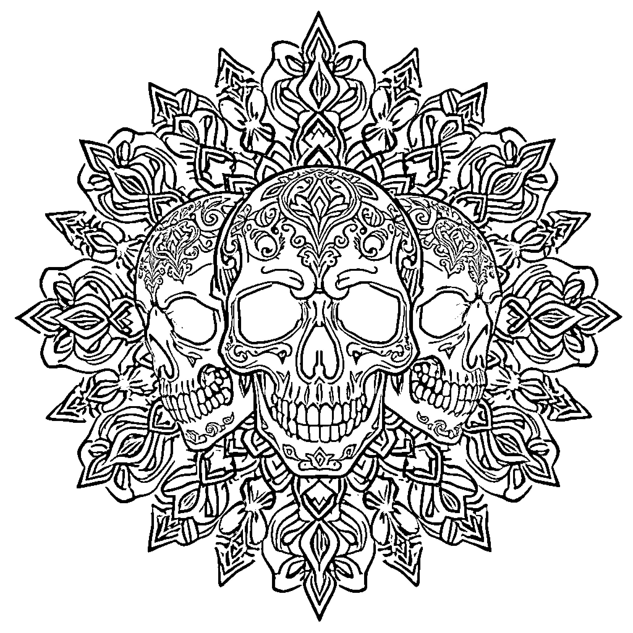 Skull with intricate floral mandala design Coloring Page (free black-and-white line drawing printable PDF for all, from beginners to advanced learners, including children, teens, adults, and seniors)