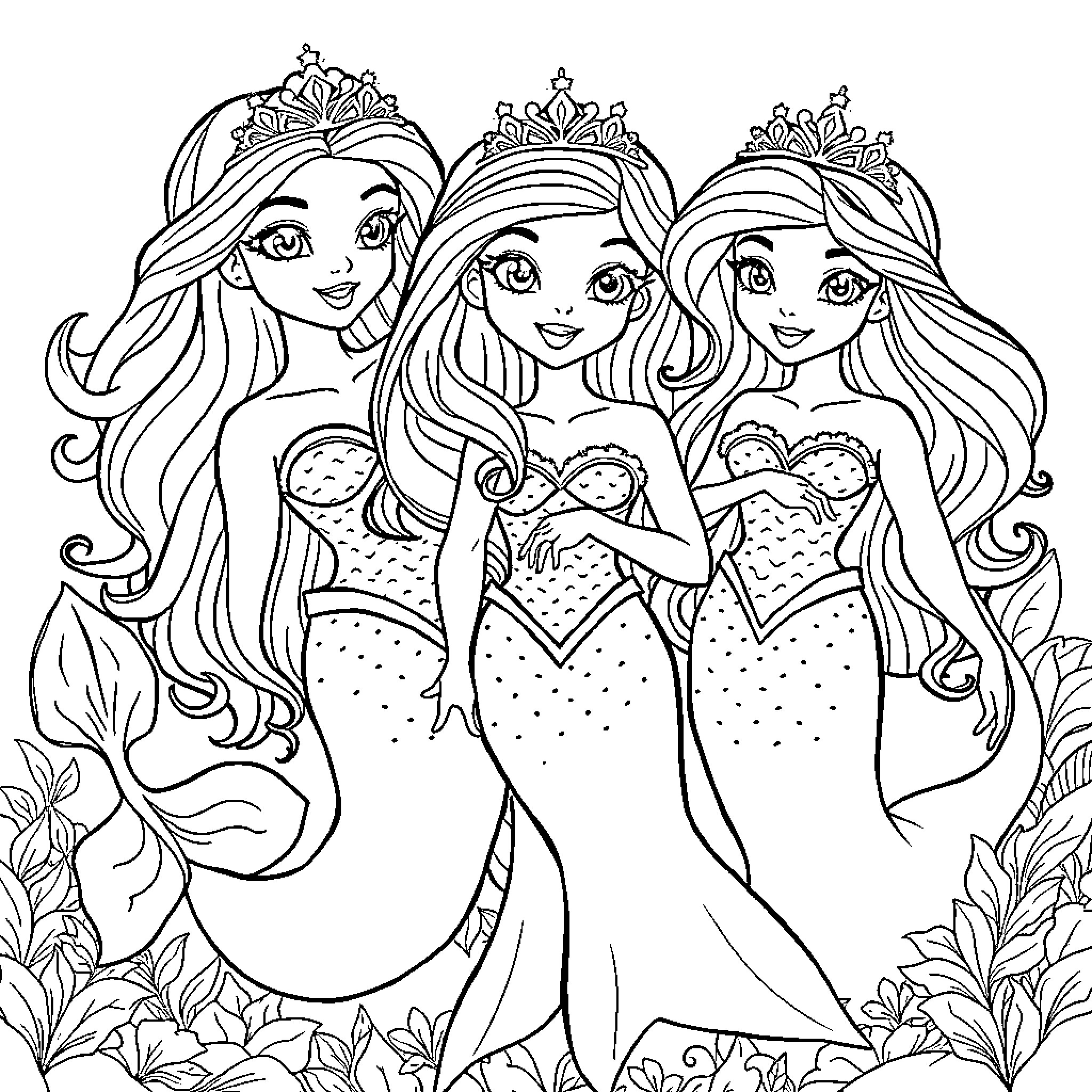 Princess Mermaids Posing Together Gracefully Coloring Page (free black-and-white line drawing printable PDF for all, from beginners to advanced learners, including children, teens, adults, and seniors)