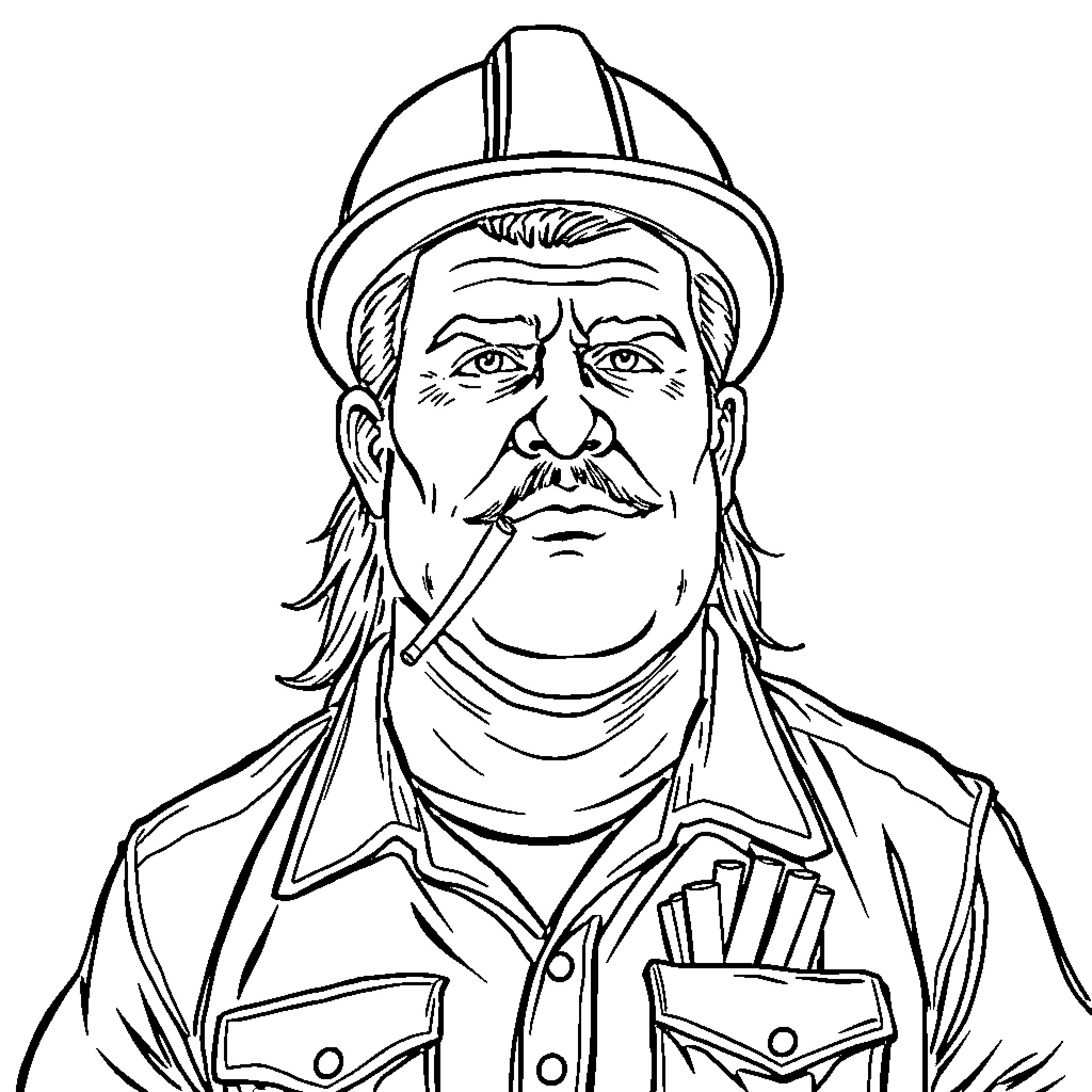 Man in hard hat and work uniform with serious expression Coloring Page (free black-and-white line drawing printable PDF for all, from beginners to advanced learners, including children, teens, adults, and seniors)