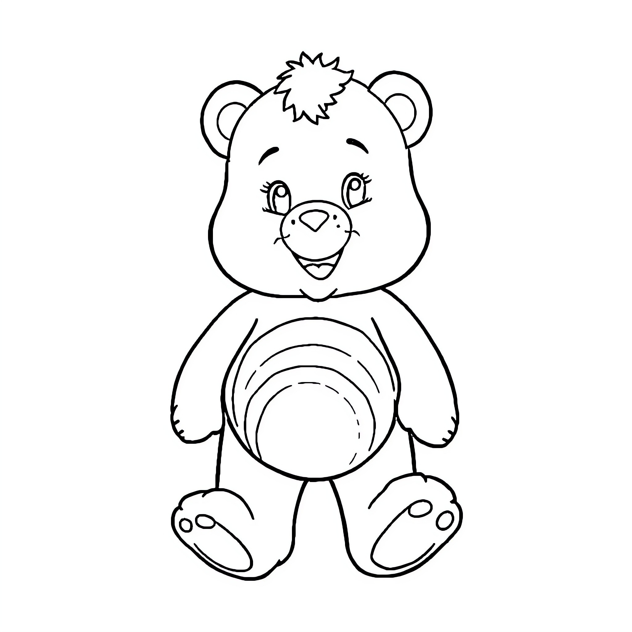 Carebear sitting with a happy expression Coloring Page (free black-and-white line drawing printable PDF for all, from beginners to advanced learners, including children, teens, adults, and seniors)