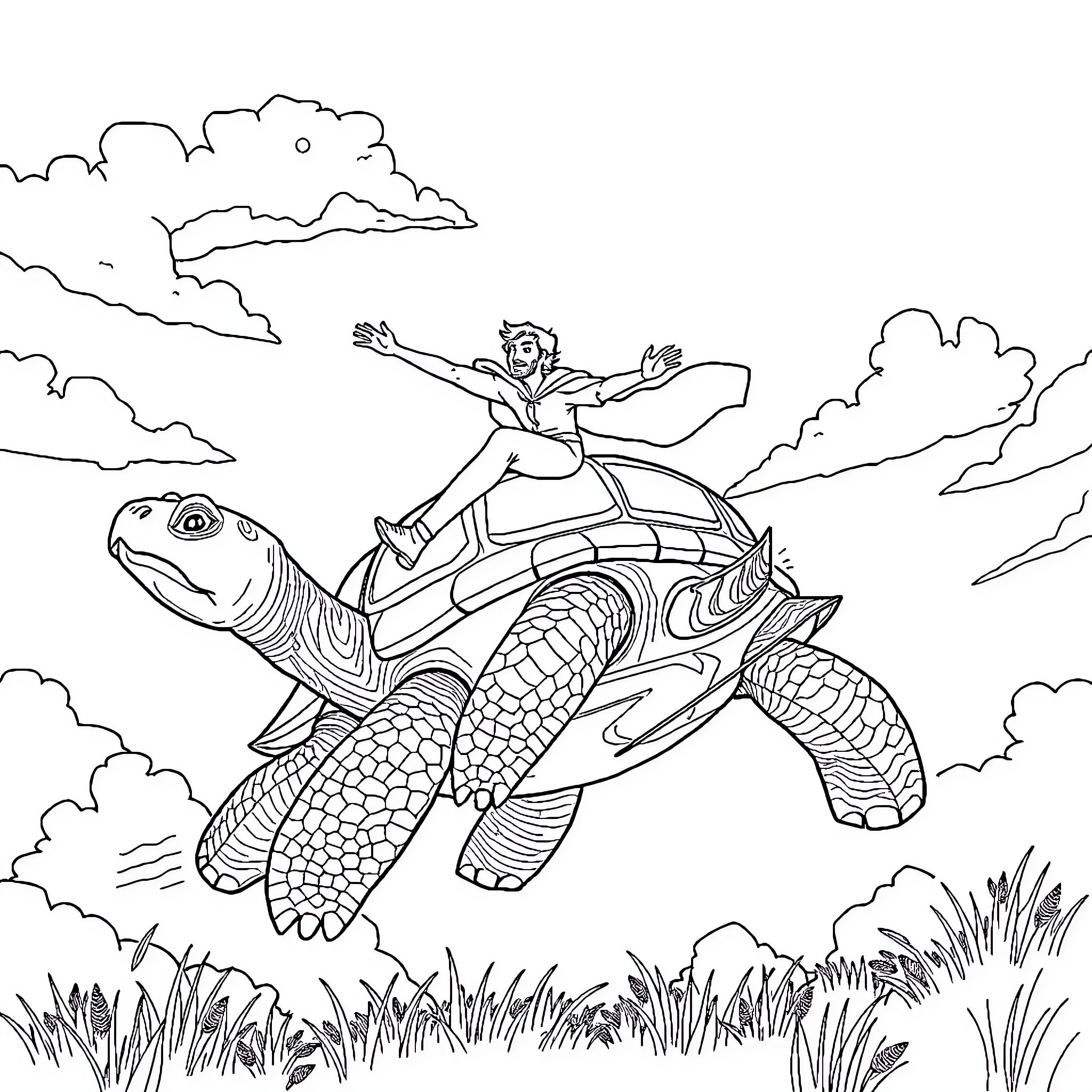 Man riding joyfully on a giant turtle Coloring Page (free black-and-white line drawing printable PDF for all, from beginners to advanced learners, including children, teens, adults, and seniors)