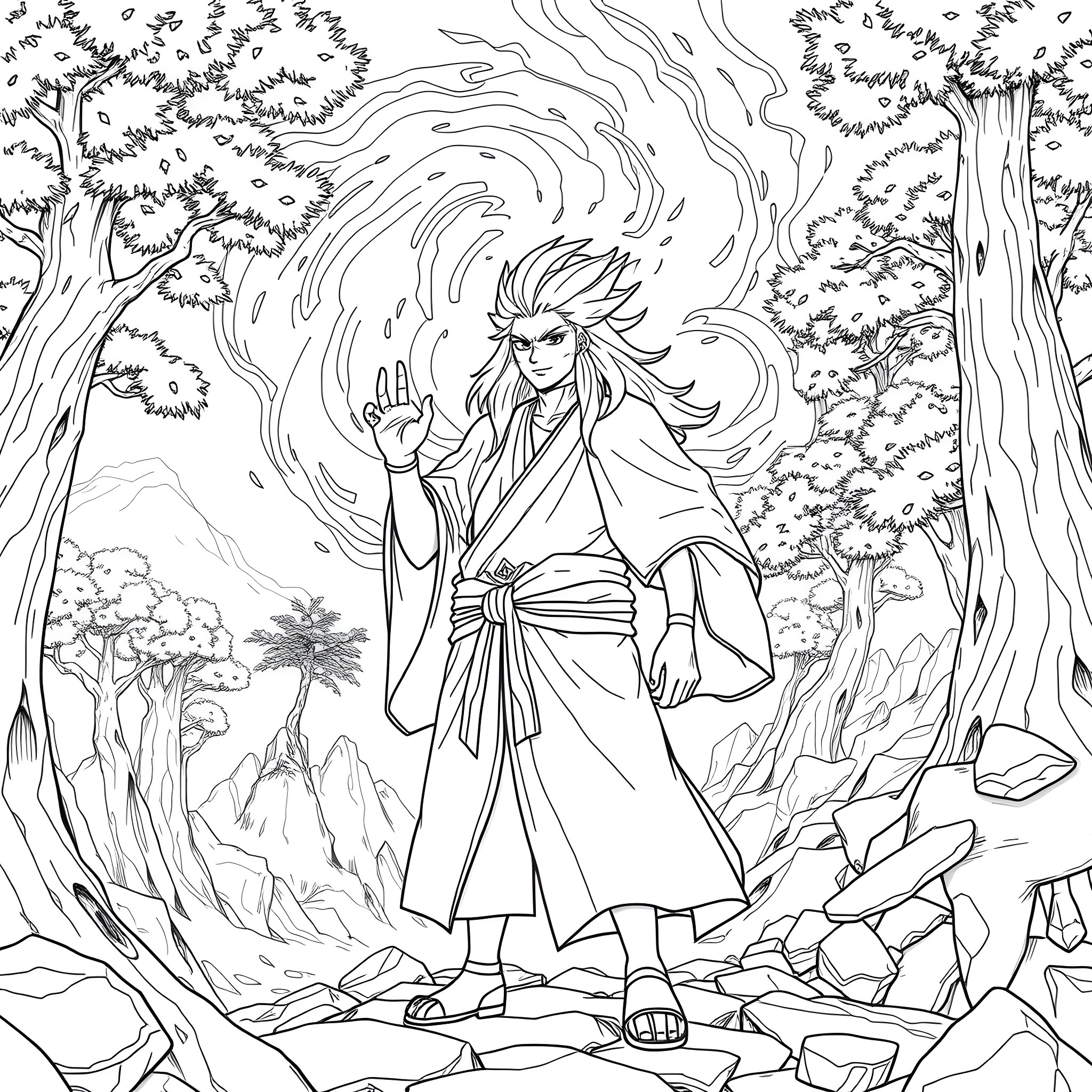 Jiraiya the Legendary Ninja in Heroic Pose Coloring Page (free black-and-white line drawing printable PDF for all, from beginners to advanced learners, including children, teens, adults, and seniors)