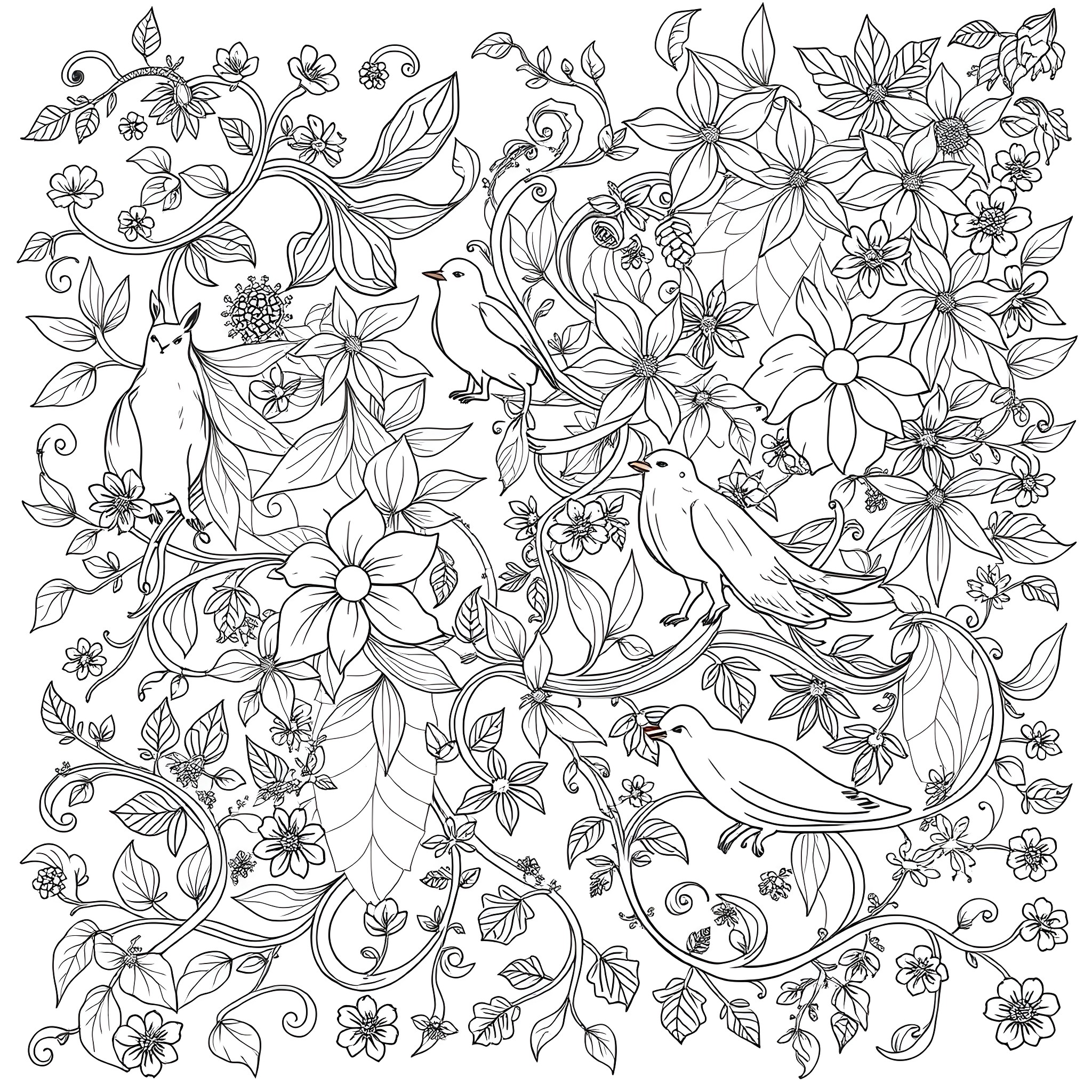 Nature's Floral Aviary: Birds Soaring Amidst Blooms Coloring Page (free black-and-white line drawing printable PDF for all, from beginners to advanced learners, including children, teens, adults, and seniors)