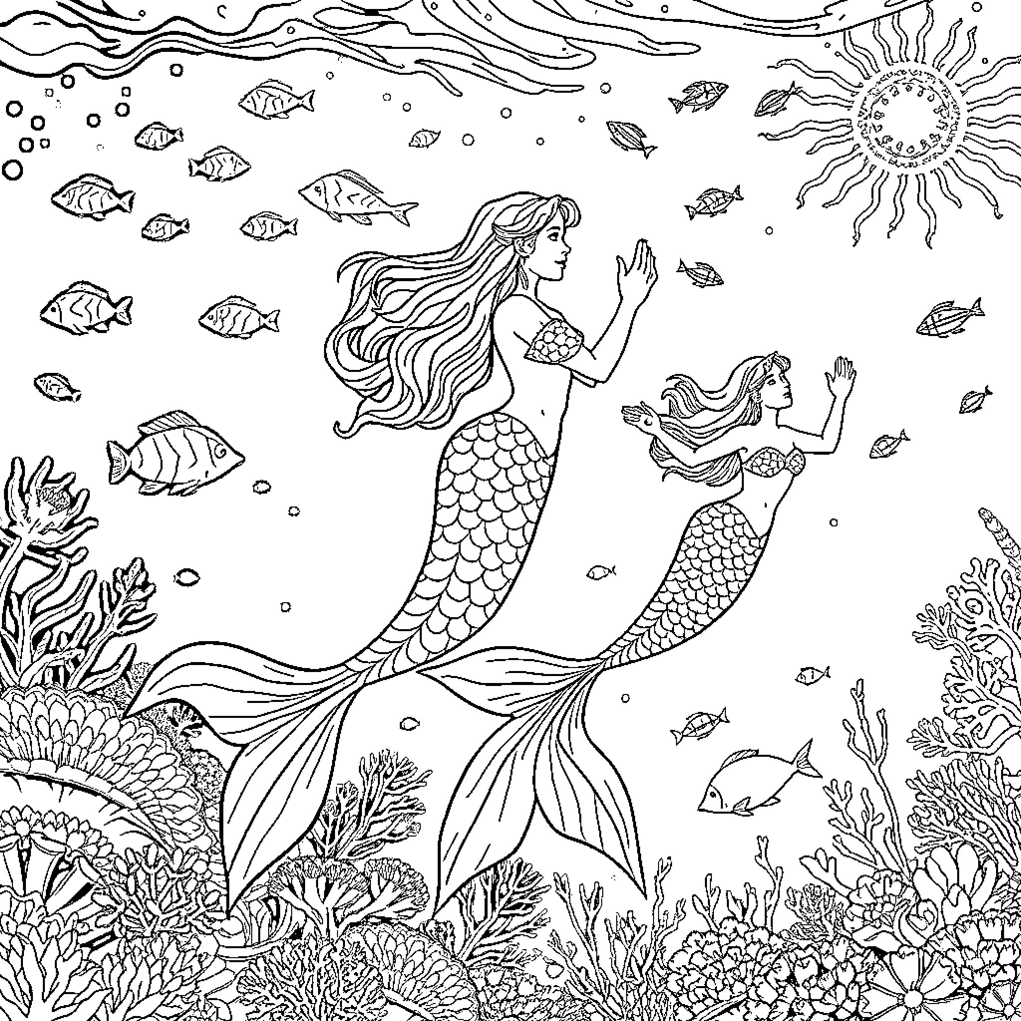 Mermaid sisters exploring the vibrant underwater world Coloring Page (free black-and-white line drawing printable PDF for all, from beginners to advanced learners, including children, teens, adults, and seniors)