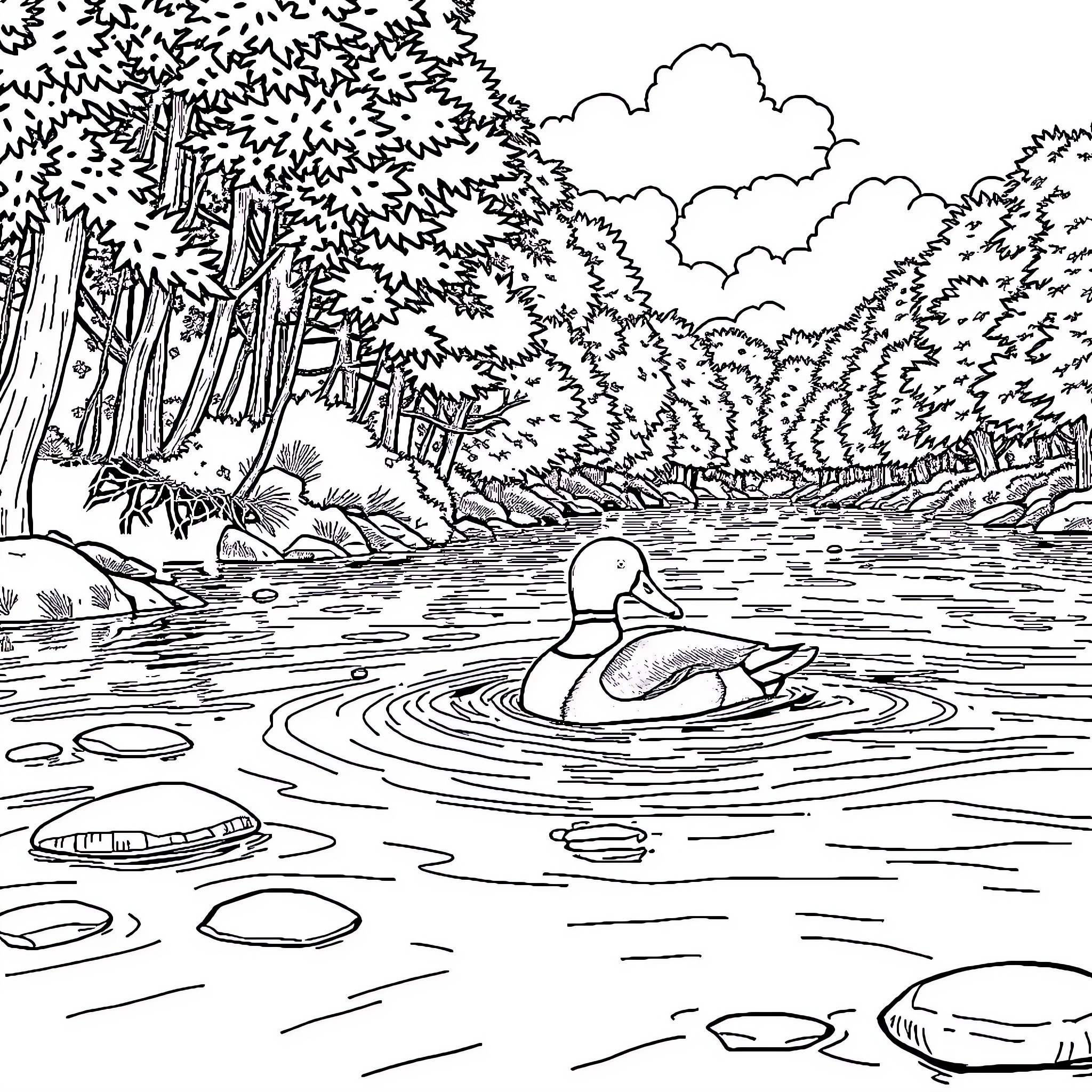 Duck swimming calmly in tranquil lakeside forest Coloring Page (free black-and-white line drawing printable PDF for all, from beginners to advanced learners, including children, teens, adults, and seniors)
