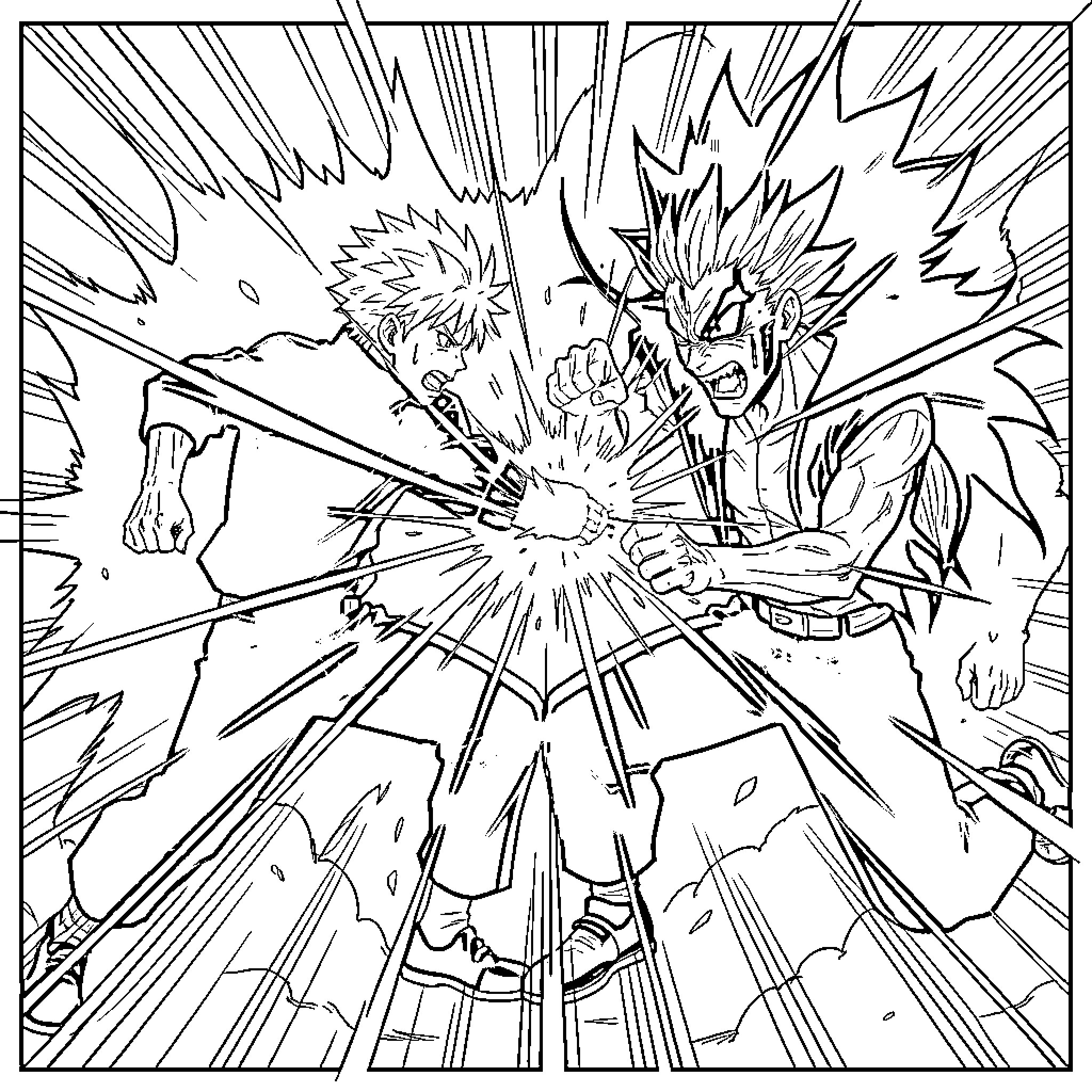 Satoru Gojo in Intense Anime Battle Scene Coloring Page (free black-and-white line drawing printable PDF for all, from beginners to advanced learners, including children, teens, adults, and seniors)
