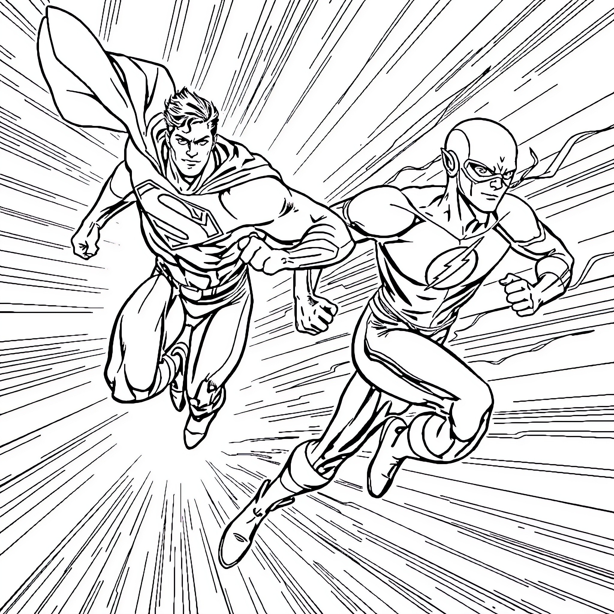 Superman and superheroes engaged in an intense battle Coloring Page (free black-and-white line drawing printable PDF for all, from beginners to advanced learners, including children, teens, adults, and seniors)