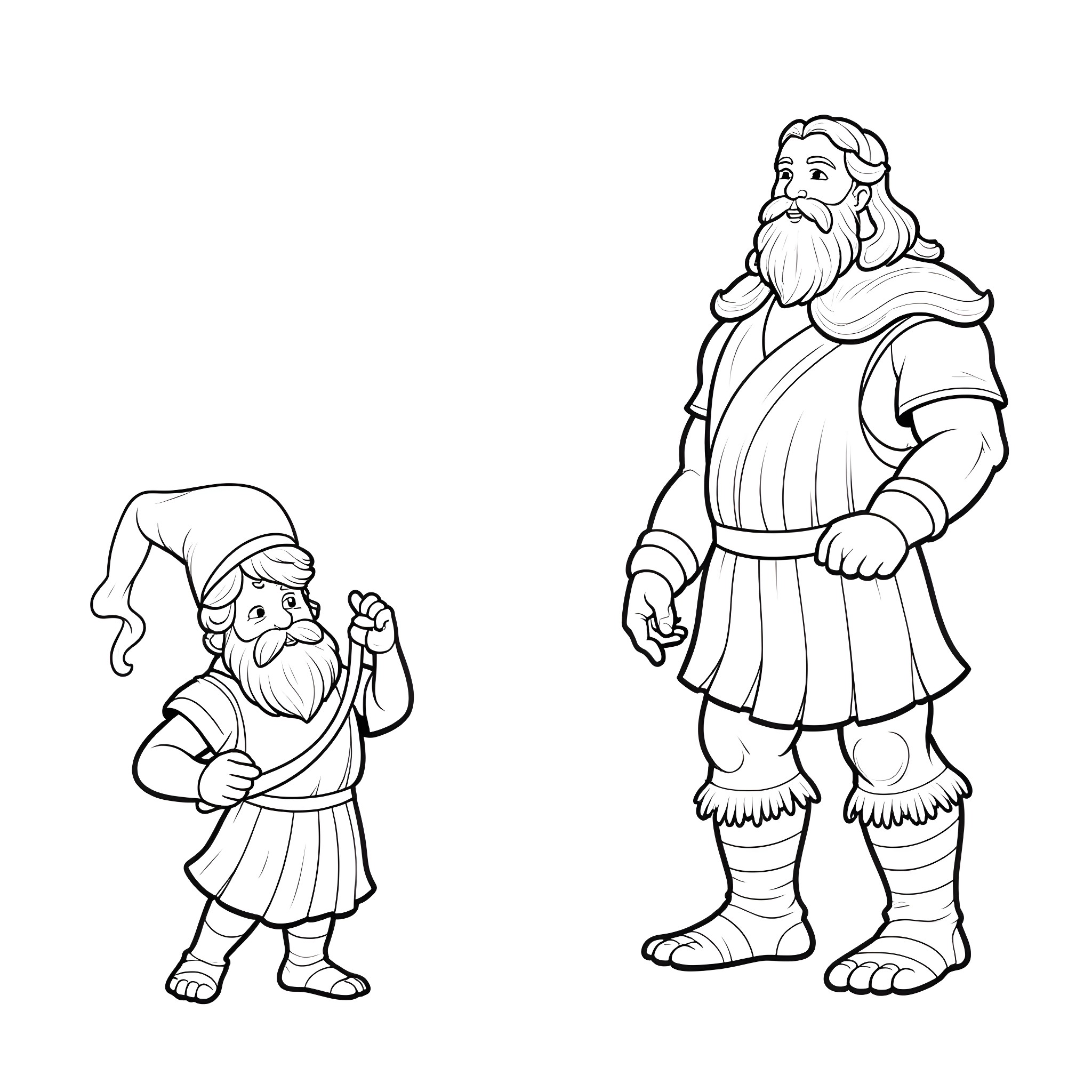 Gnome Companions in Conversation Coloring Page (free black-and-white line drawing printable PDF for all, from beginners to advanced learners, including children, teens, adults, and seniors)