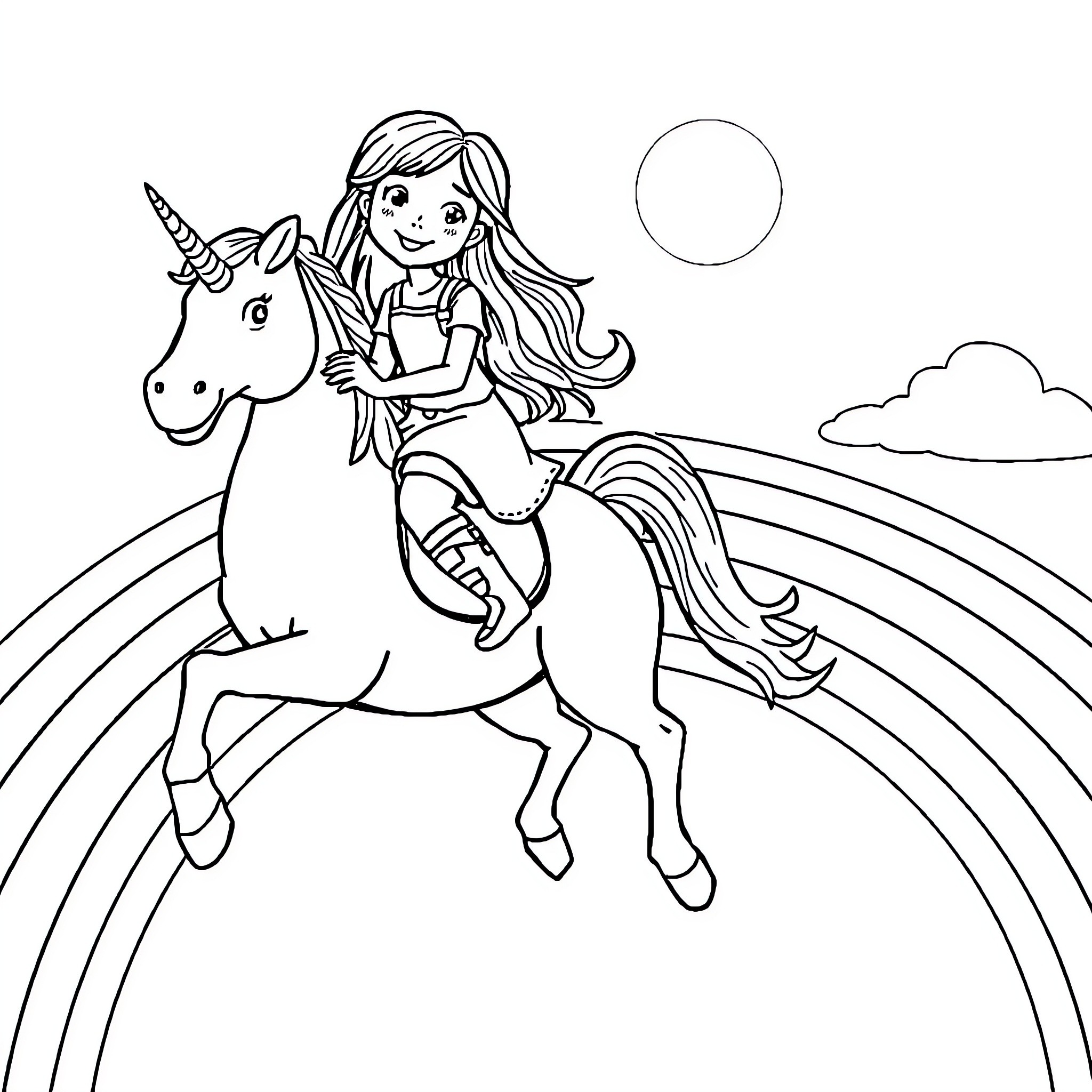 Girl riding unicorn under the rainbow Coloring Page (free black-and-white line drawing printable PDF for all, from beginners to advanced learners, including children, teens, adults, and seniors)