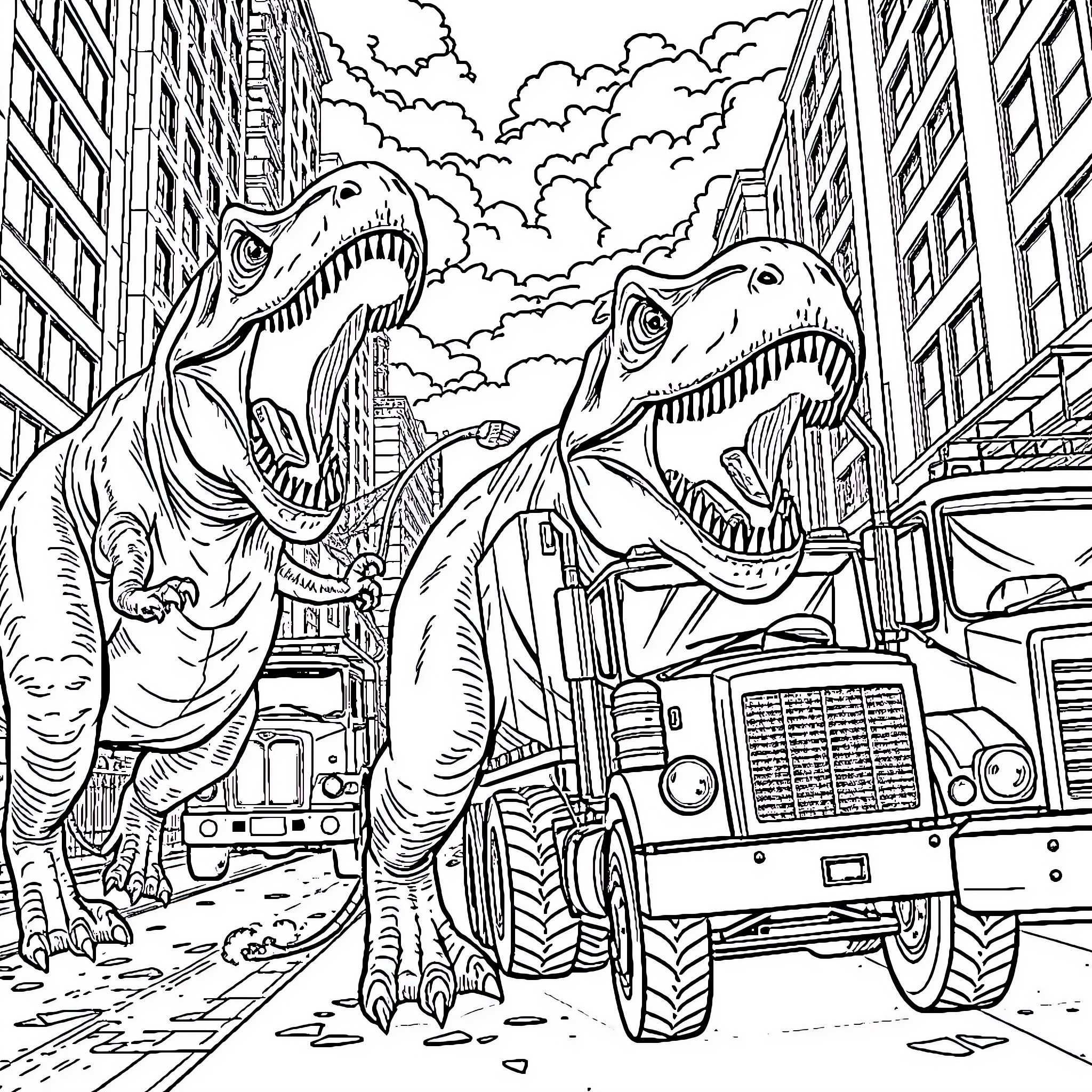 Dinosaurs Roaming Through the City Coloring Page (free black-and-white line drawing printable PDF for all, from beginners to advanced learners, including children, teens, adults, and seniors)