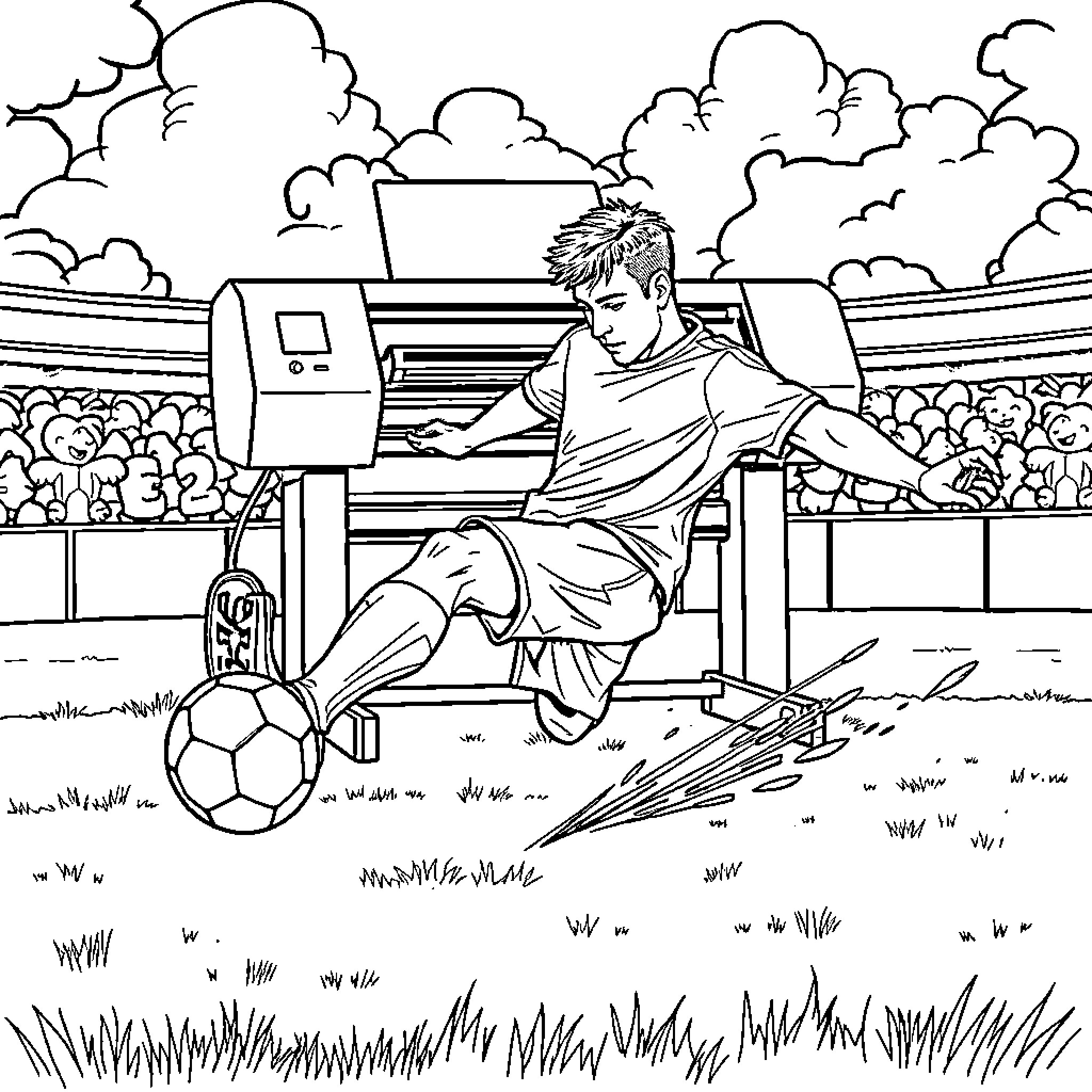 Printer man kicking soccer ball on field Coloring Page (free black-and-white line drawing printable PDF for all, from beginners to advanced learners, including children, teens, adults, and seniors)