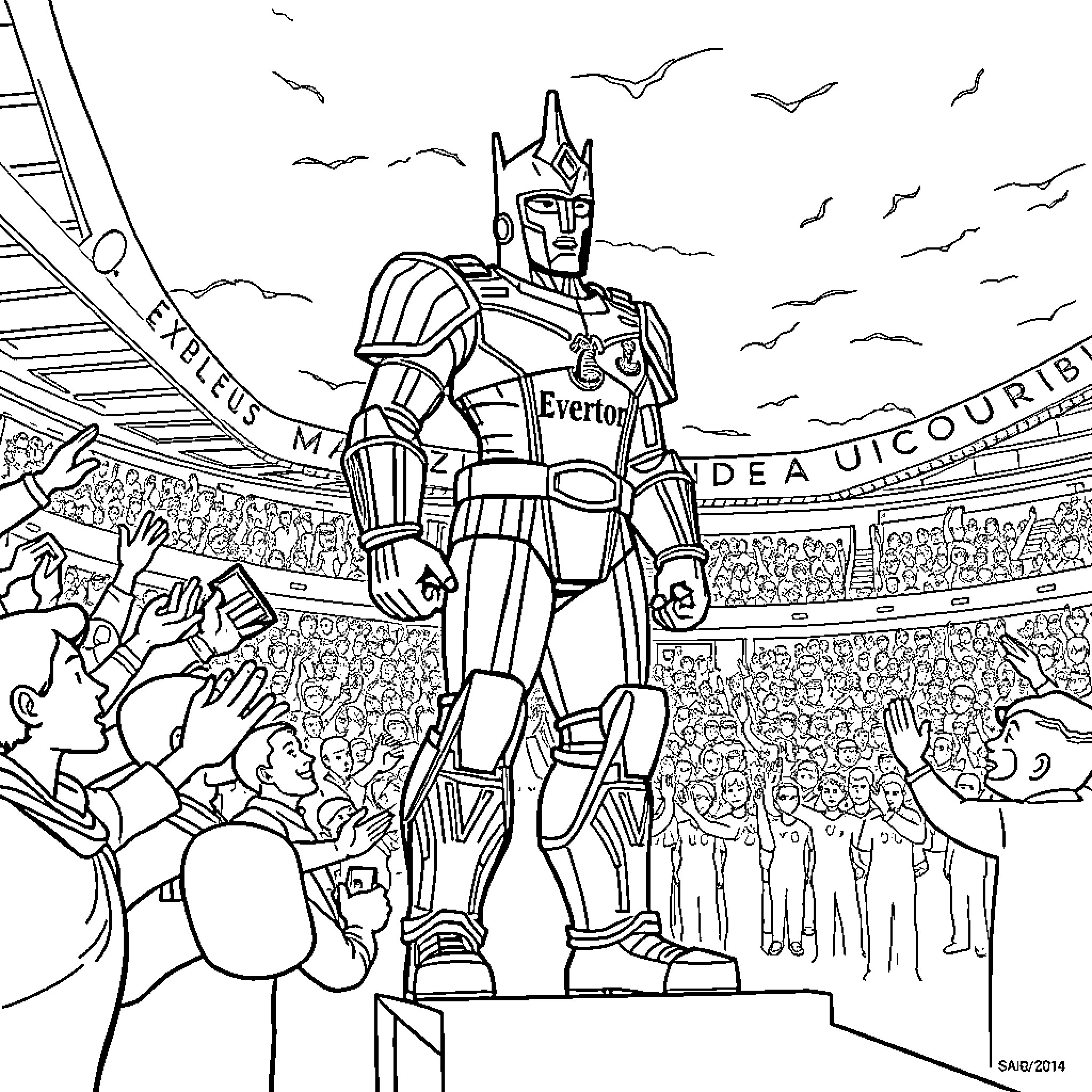 Optimus Prime standing tall in a sports arena Coloring Page (free black-and-white line drawing printable PDF for all, from beginners to advanced learners, including children, teens, adults, and seniors)
