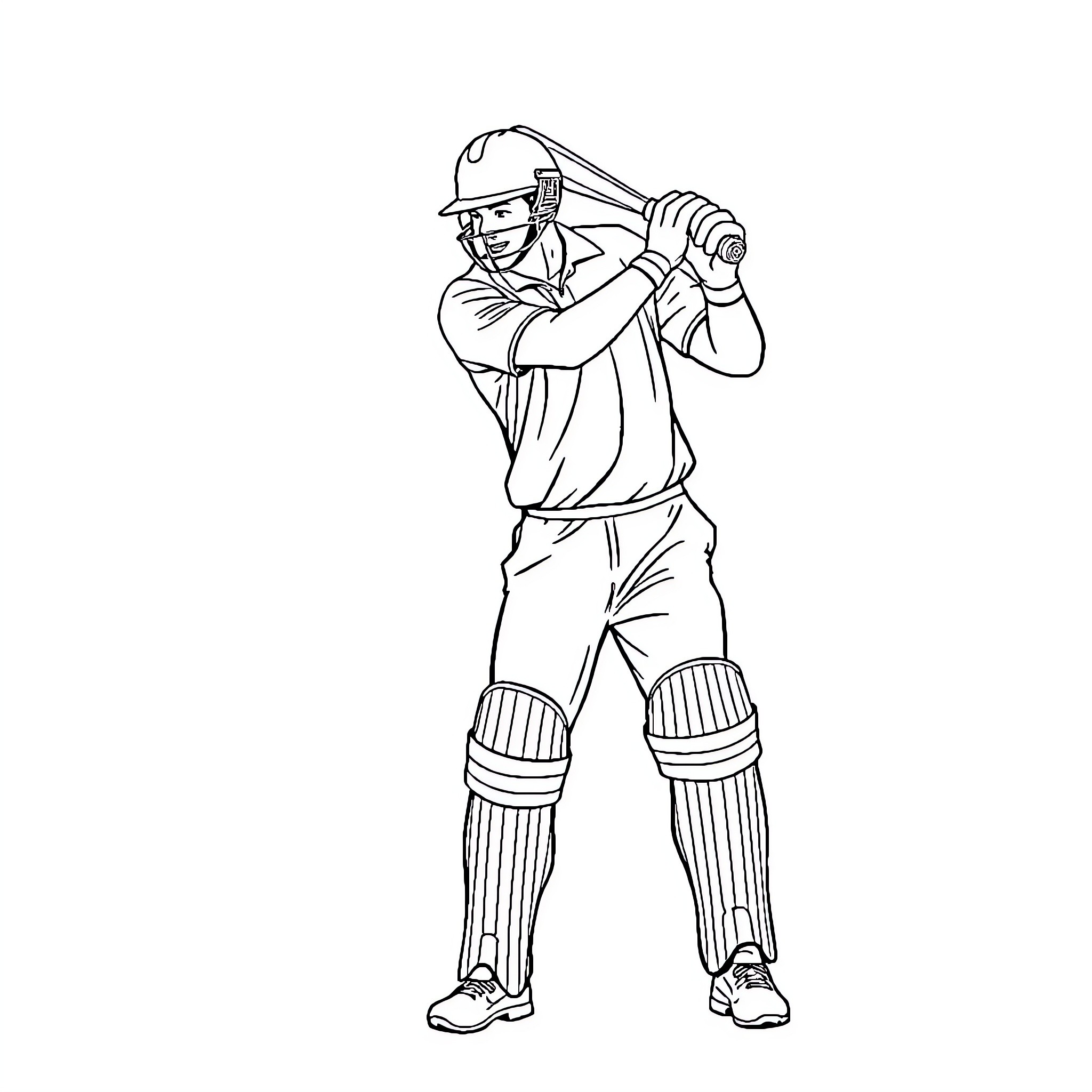 Cricket Player Batting in Uniform Coloring Page (free black-and-white line drawing printable PDF for all, from beginners to advanced learners, including children, teens, adults, and seniors)