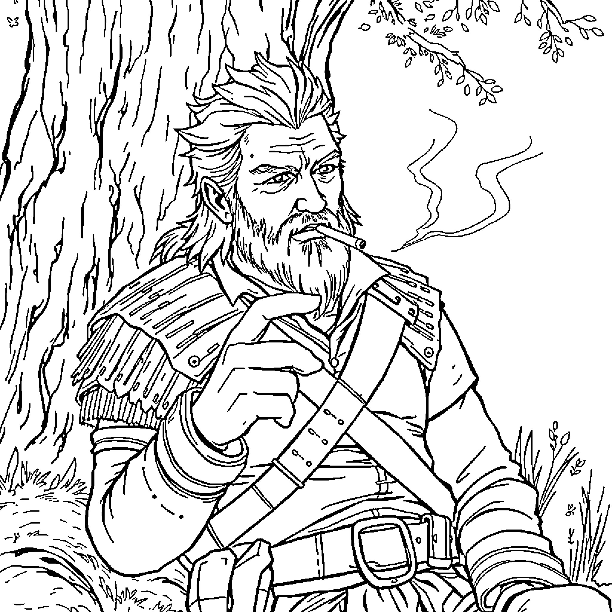 Geralt in contemplative pose in the forest Coloring Page (free black-and-white line drawing printable PDF for all, from beginners to advanced learners, including children, teens, adults, and seniors)