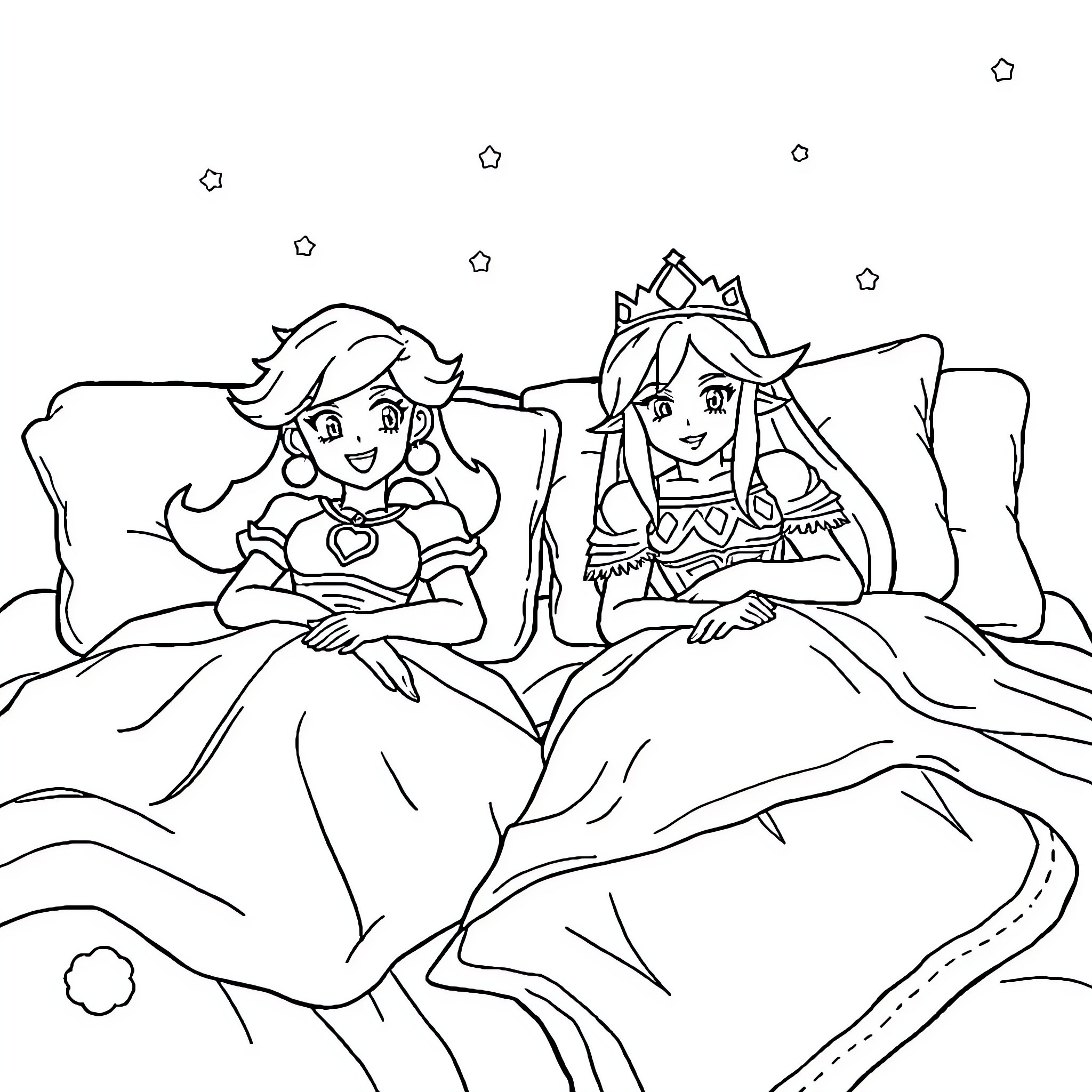 Princess Siblings Bonding in Cozy Sleepover Coloring Page (free black-and-white line drawing printable PDF for all, from beginners to advanced learners, including children, teens, adults, and seniors)