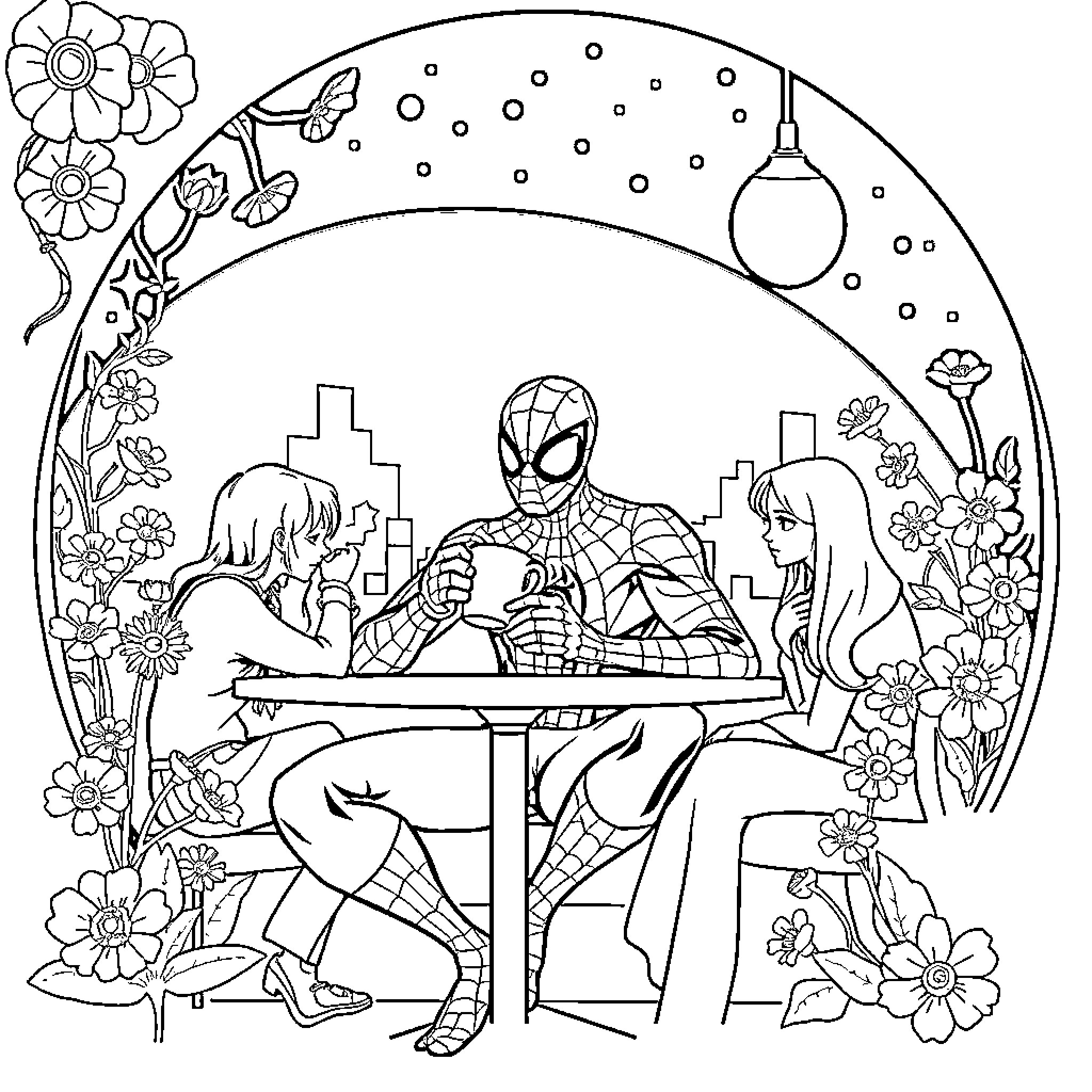 Spiderman enjoying a meal with a companion in a floral setting Coloring Page (free black-and-white line drawing printable PDF for all, from beginners to advanced learners, including children, teens, adults, and seniors)
