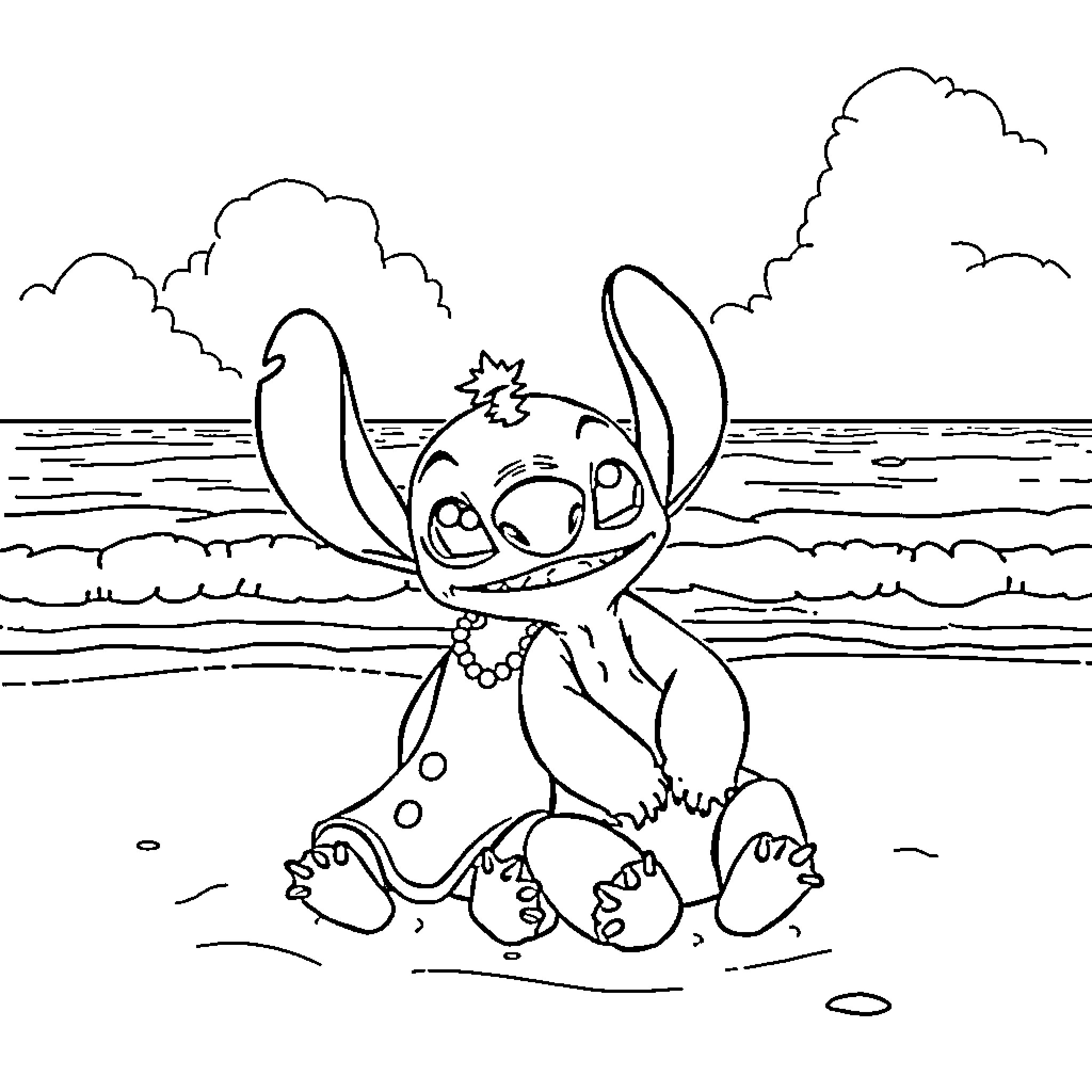 Lilo And Stitch playing on the beach Coloring Page (free black-and-white line drawing printable PDF for all, from beginners to advanced learners, including children, teens, adults, and seniors)