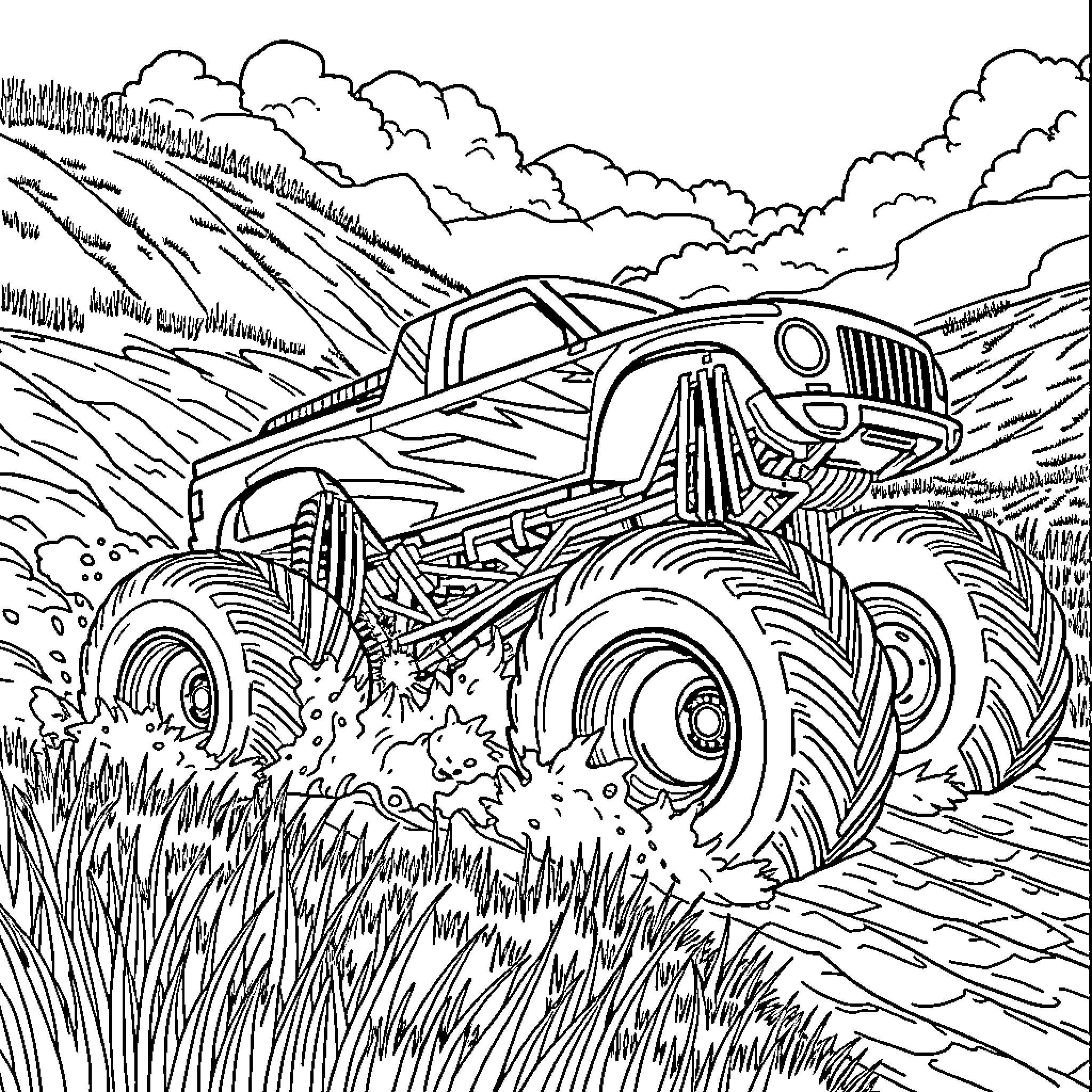 Monster Truck Crushing Through the Countryside Coloring Page (free black-and-white line drawing printable PDF for all, from beginners to advanced learners, including children, teens, adults, and seniors)
