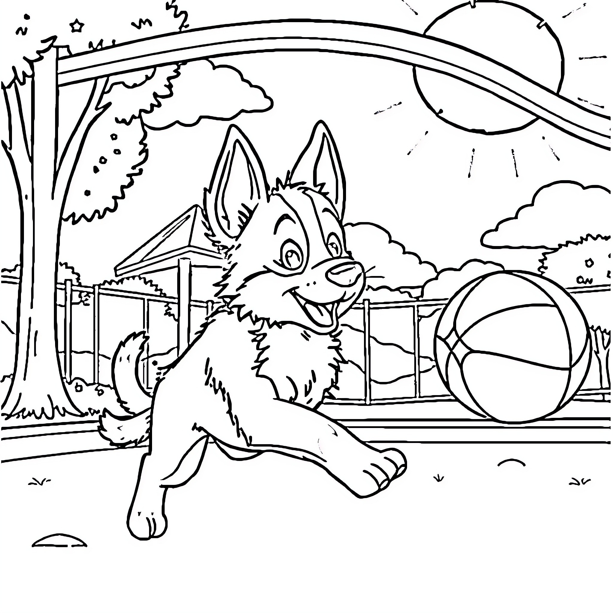 Bluey playing with toys in the backyard Coloring Page (free black-and-white line drawing printable PDF for all, from beginners to advanced learners, including children, teens, adults, and seniors)