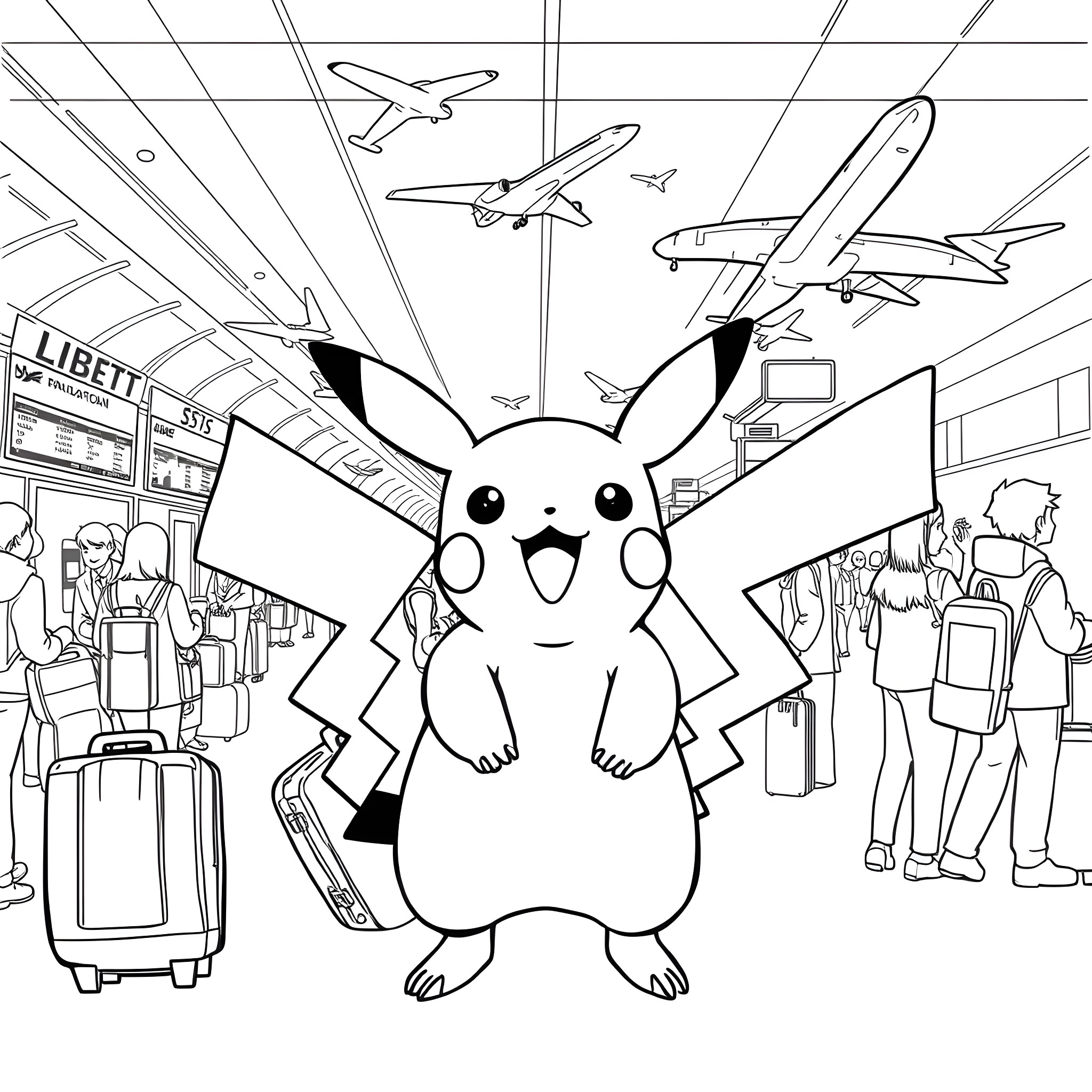 Pikachu Exploring the Busy Airport Coloring Page (free black-and-white line drawing printable PDF for all, from beginners to advanced learners, including children, teens, adults, and seniors)